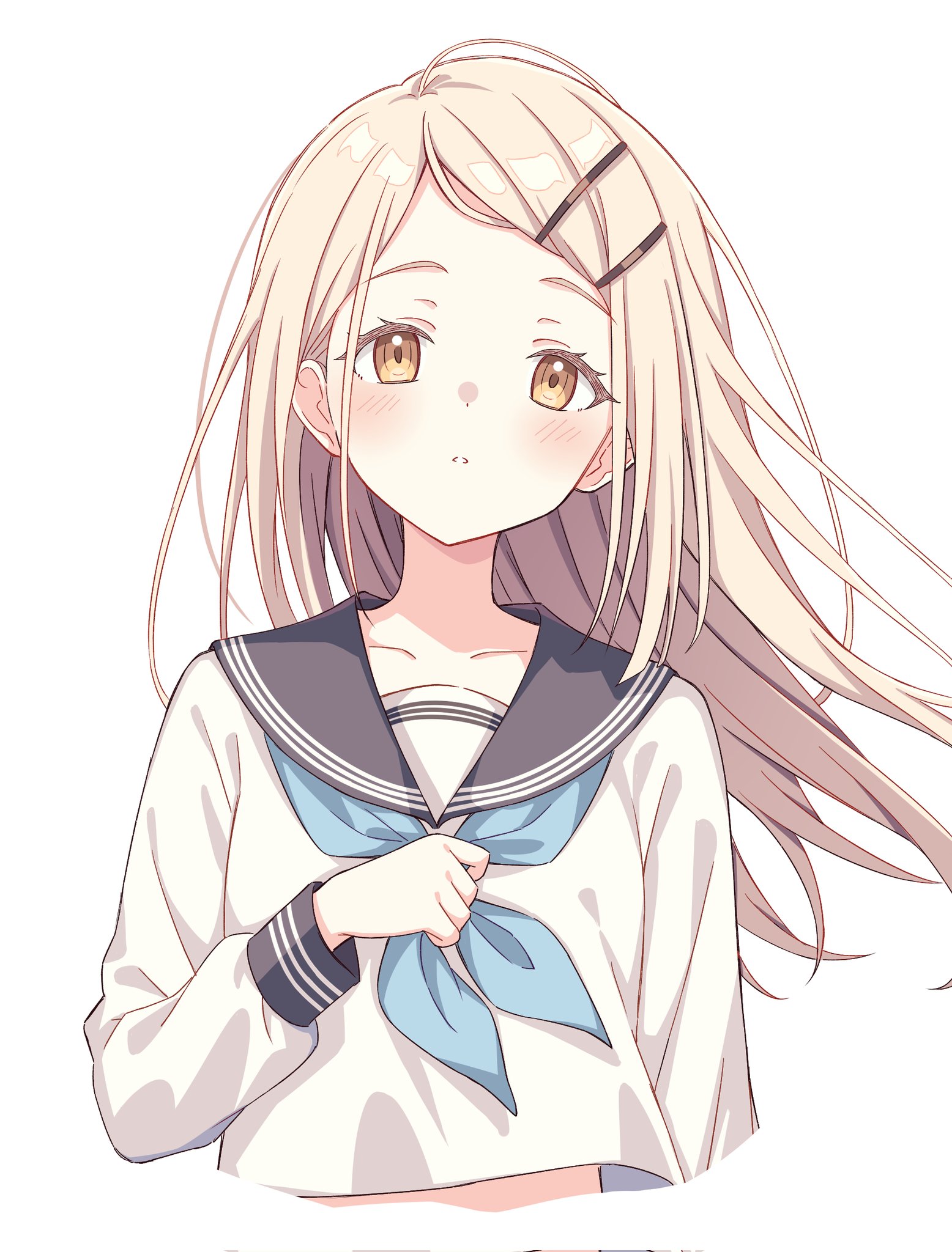 setteiset, shinosawa hiro, gakuen idolmaster, idolmaster, highres, 1girl, black sailor collar, blonde hair, blue neckerchief, blush, brown eyes, collarbone, hair ornament, hairclip, hand up, long hair, long sleeves, looking at viewer, neckerchief, parted lips, sailor collar, school uniform, serafuku, shirt, simple background, solo, swept bangs, upper body, white background, white shirt