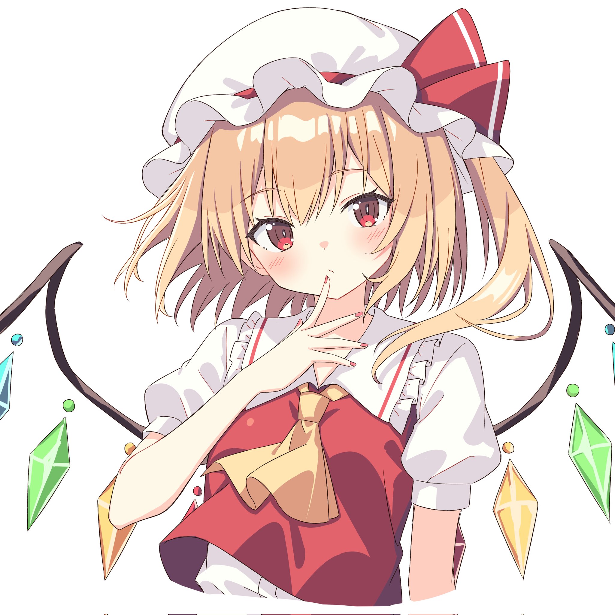 setteiset, flandre scarlet, touhou, highres, 1girl, ascot, blonde hair, blush, closed mouth, crystal, finger to mouth, frilled shirt collar, frills, hat, hat ribbon, looking at viewer, mob cap, nail polish, one side up, puffy short sleeves, puffy sleeves, red eyes, red nails, red ribbon, red vest, ribbon, shirt, short sleeves, simple background, solo, upper body, vest, white background, white shirt, wings, yellow ascot