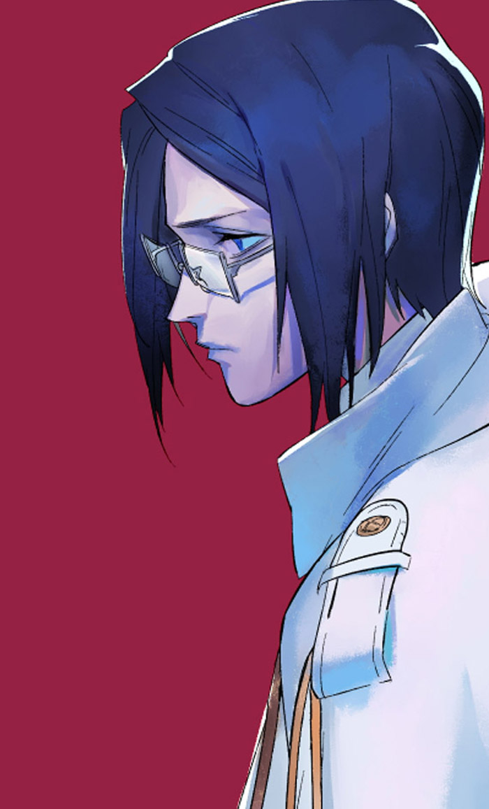 huangdanlan, ishida uryuu, bleach, commentary, english commentary, jpeg artifacts, 1boy, black hair, blue eyes, closed mouth, coat, from side, glasses, long sleeves, male focus, portrait, profile, rectangular eyewear, red background, short hair, simple background, solo, upper body, white coat