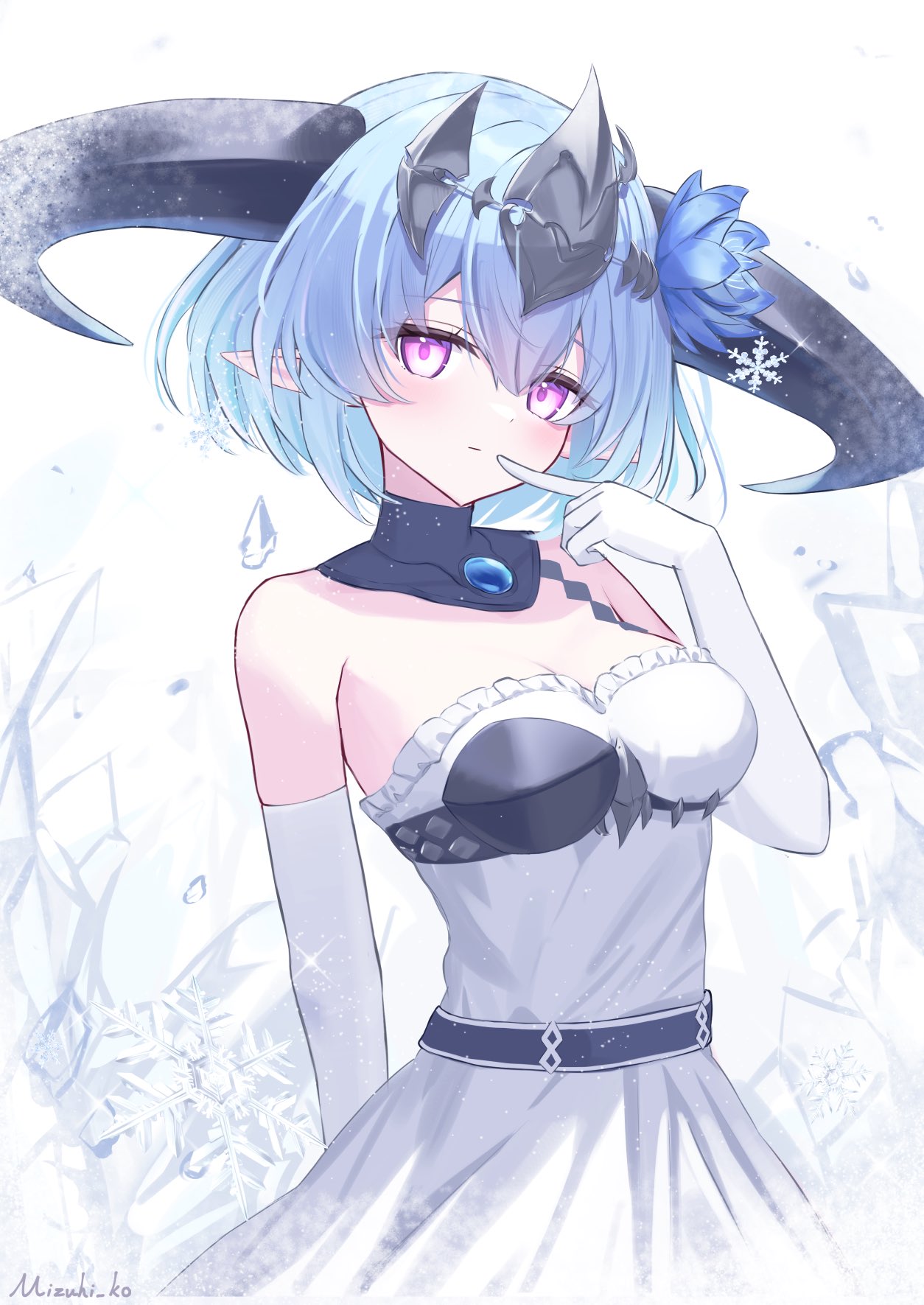 mizuhi kou, shadowverse, shadowverse: worlds beyond, highres, 1girl, bare shoulders, black horns, blue flower, blue hair, breasts, cleavage, curled horns, detached collar, dragon girl, dragon horns, dress, elbow gloves, finger to mouth, flower, frills, gloves, hair between eyes, hair flower, hair ornament, horns, looking at viewer, medium breasts, pink eyes, pointy ears, purple eyes, short hair, snowflakes, solo, upper body, white dress, white gloves