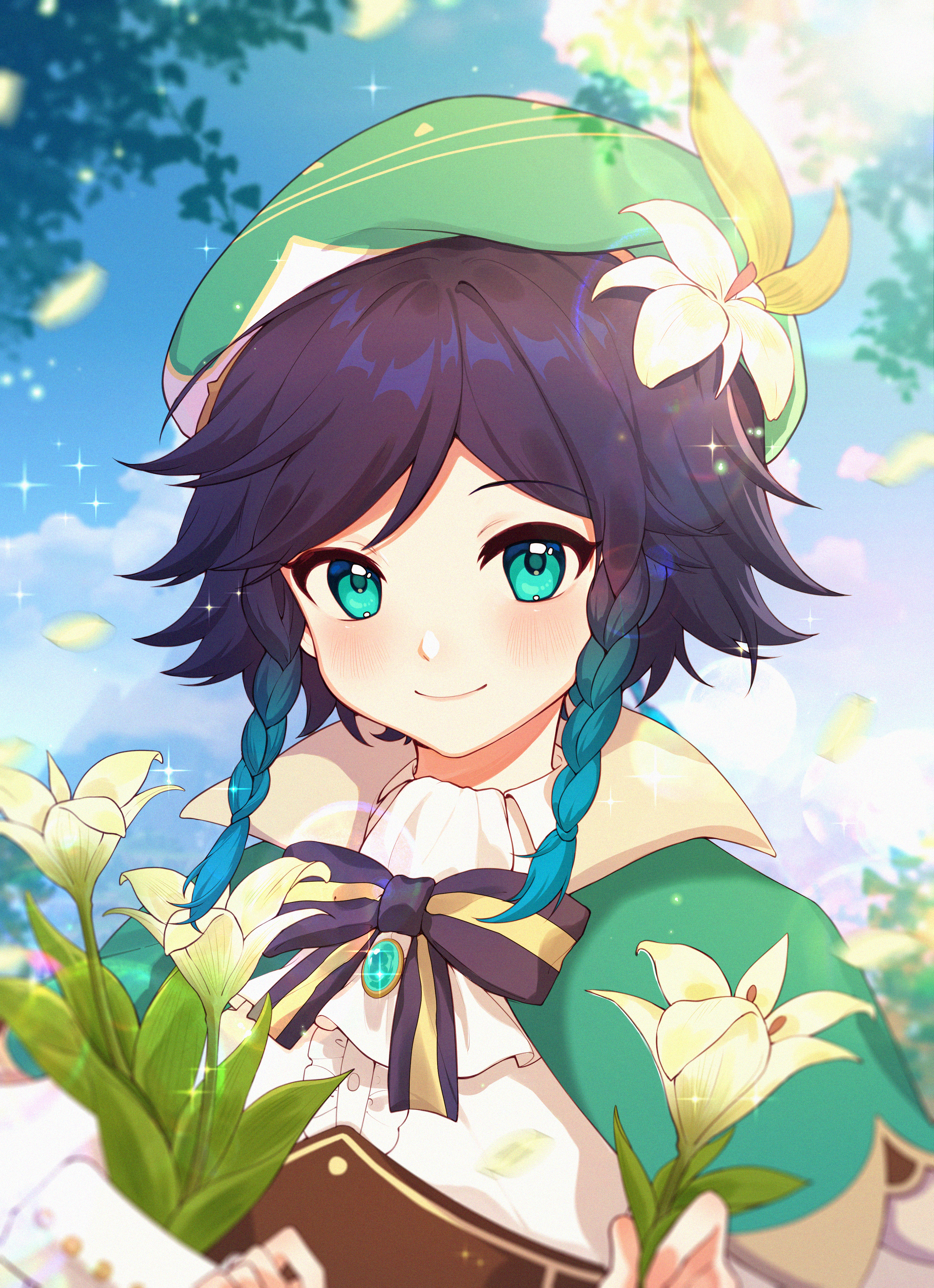 venti (genshin impact), genshin impact, absurdres, highres, 1boy, aqua eyes, ascot, beret, black bow, black bowtie, black hair, blue hair, blue sky, bow, bowtie, braid, brown corset, buttons, capelet, center frills, closed mouth, cloud, collared capelet, collared shirt, corset, day, dot nose, eyelashes, flower, frills, gradient hair, green capelet, green hat, happy, hat, hat flower, holding, holding flower, lens flare, light blush, lily (flower), long sleeves, looking at viewer, male focus, multicolored hair, outdoors, petals, puffy long sleeves, puffy sleeves, shirt, side braid, single stripe, sky, smile, solo, sparkle, striped bow, striped bowtie, striped clothes, sunlight, twin braids, two-tone hair, upper body, vision (genshin impact), white ascot, white flower, white shirt, yuichi 0711