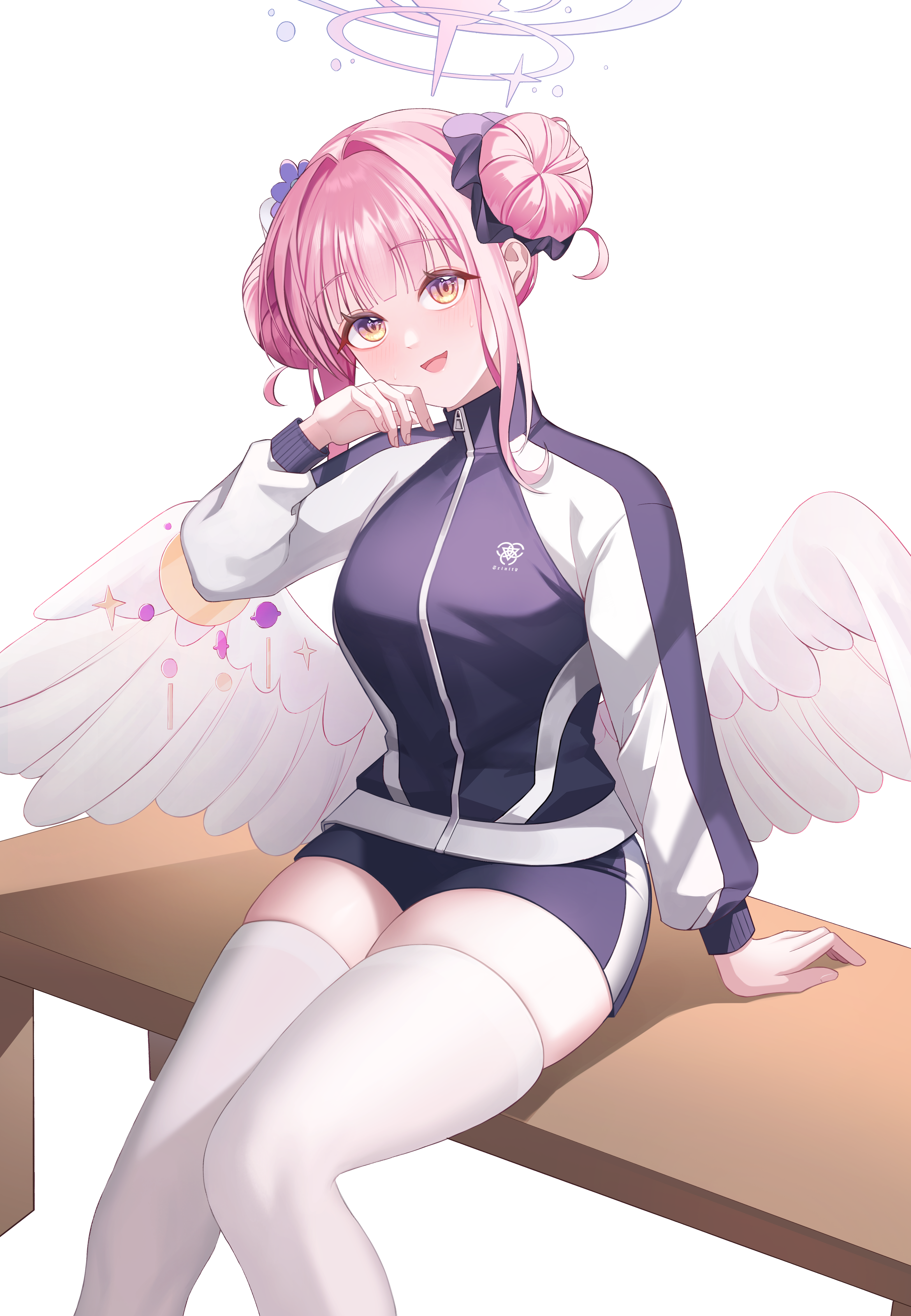 kkongchi, mika (blue archive), mika (track) (blue archive), blue archive, absurdres, commentary, highres, 1girl, angel wings, blue jacket, blush, double bun, feathered wings, flower, gym uniform, hair bun, hair flower, hair ornament, jacket, long hair, long sleeves, looking at viewer, low wings, official alternate costume, official alternate hairstyle, open mouth, short shorts, shorts, simple background, smile, solo, thick thighs, thighhighs, thighs, track jacket, white background, white thighhighs, white wings, wing ornament, wings, yellow eyes