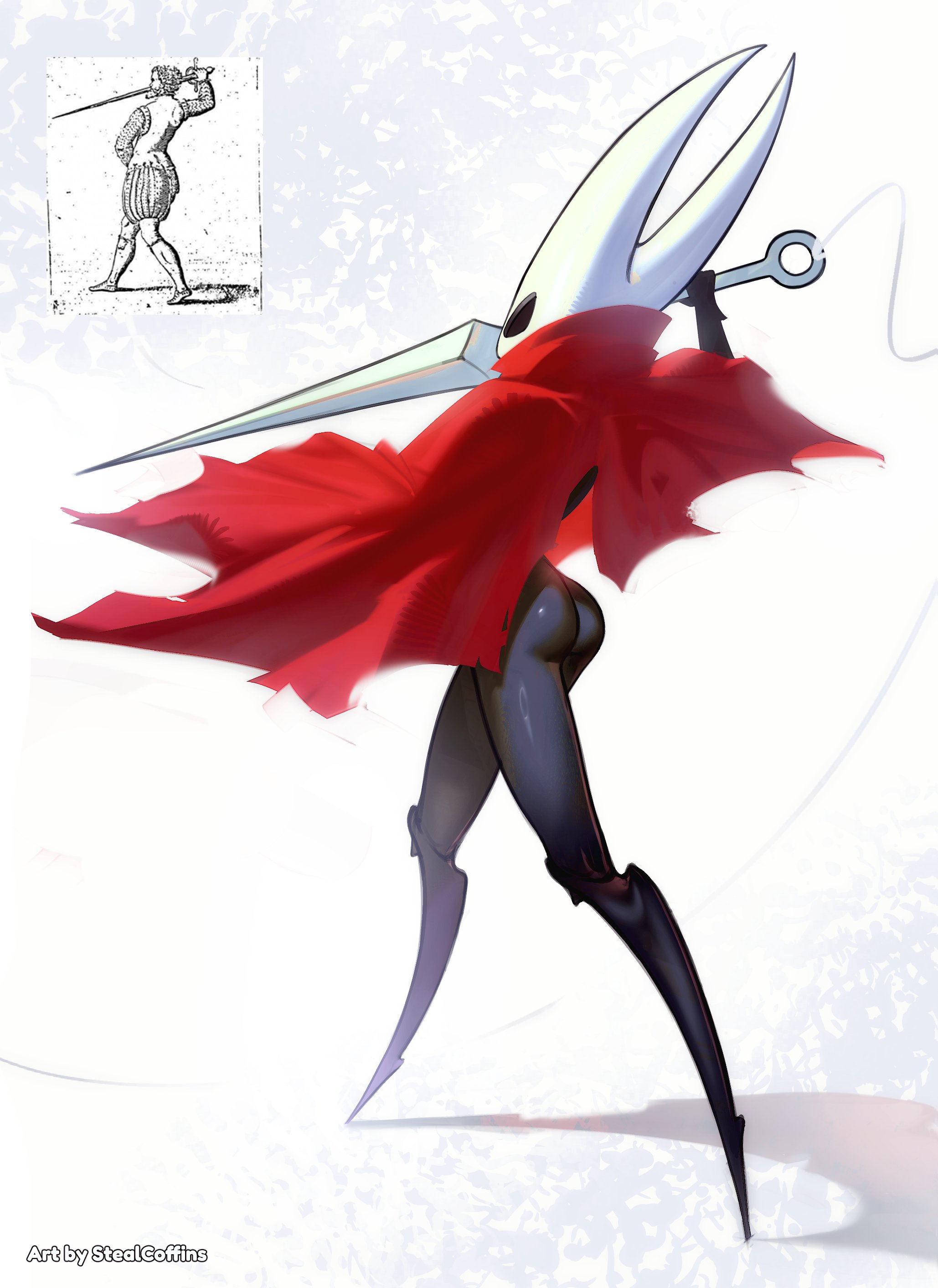 stealcoffins, hornet (hollow knight), hollow knight, hollow knight: silksong, absurdres, hashtag-only commentary, highres, 1girl, arthropod girl, artist name, ass, black skin, cloak, colored skin, fighting stance, holding, holding weapon, horned mask, legs apart, mask, needle (hollow knight), red cloak, reference inset, shadow, solo, standing, weapon, white mask