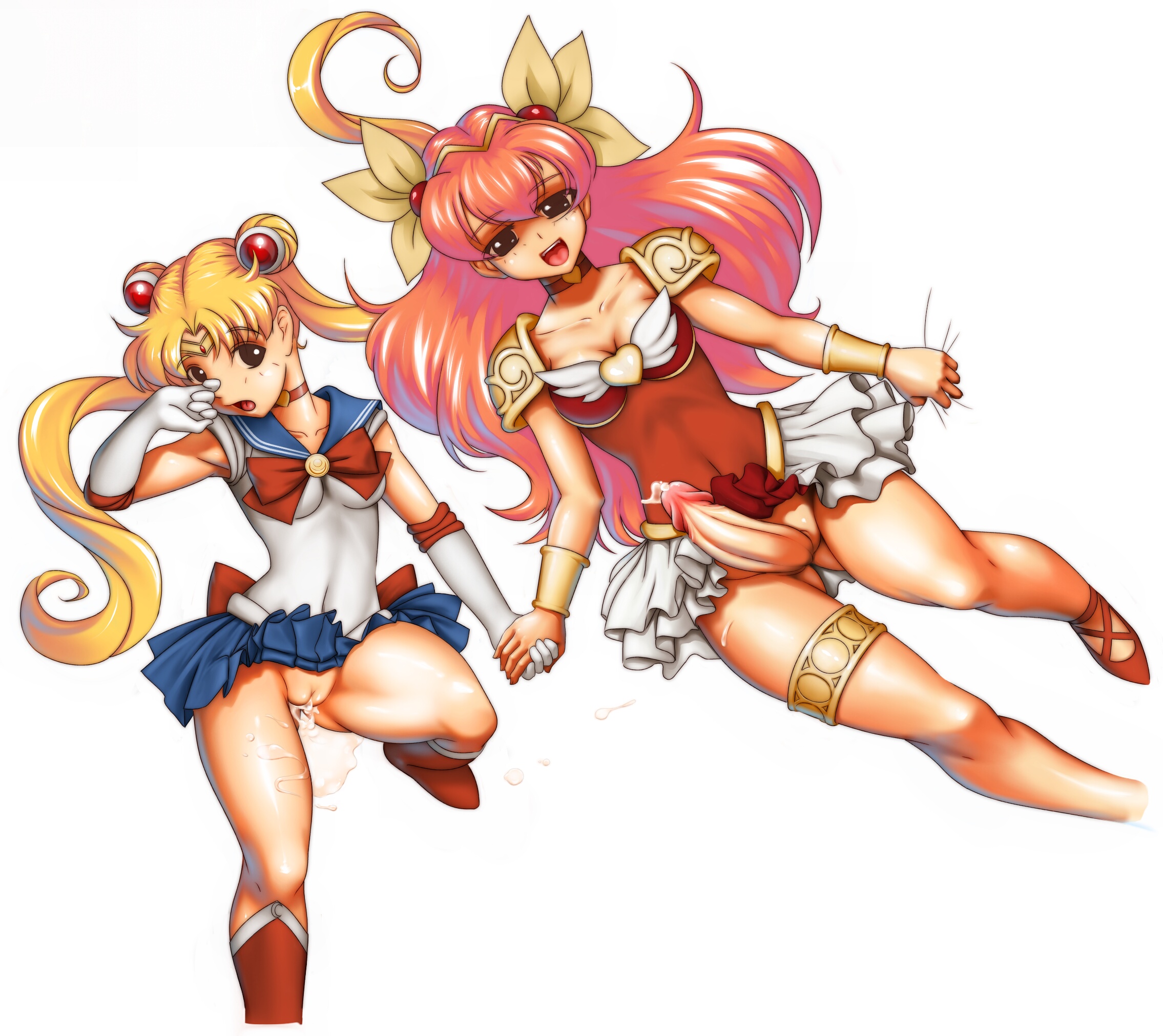 utilizator, hanasaki momoko, sailor moon, tsukino usagi, wedding peach, ai tenshi densetsu wedding peach, bishoujo senshi sailor moon, olm, toei company, highres, 1990s (style), 1futa, 1girl, aftersex, blue sailor collar, blue skirt, blush, boots, bow, breasts, brooch, choker, cleavage, cleft of venus, clothes lift, crossover, cum, cum in pussy, cum pool, elbow gloves, futa with female, futanari, gloves, heart, heart brooch, holding hands, jewelry, knee boots, magical girl, medium breasts, no panties, open mouth, penis, red bow, retro artstyle, sailor collar, skirt, skirt lift, uncensored, white gloves, wing brooch, yellow bow