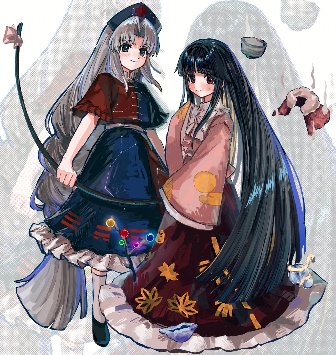 b nosk101, houraisan kaguya, yagokoro eirin, touhou, highres, 2girls, black hair, blue skirt, branch, hime cut, jacket, jeweled branch of hourai, long hair, looking at viewer, multicolored jacket, multiple girls, pink jacket, red skirt, skirt, smile, two-tone jacket, very long hair, zoom layer