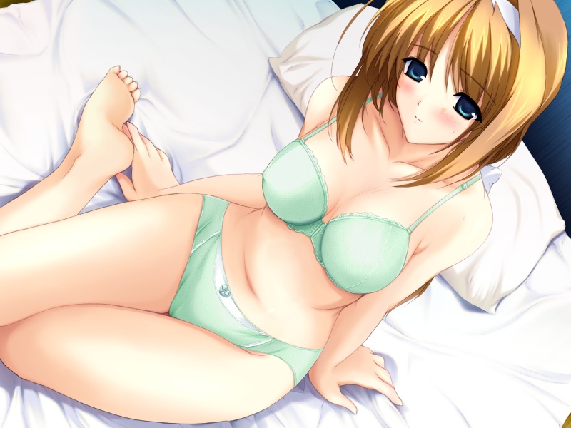 onigirikun, takamori haruka, choukou (alicesoft), choukou sennin haruka, game cg, 00s, 1girl, barefoot, bed, blue eyes, blush, bra, breasts, brown hair, dutch angle, female focus, green bra, green panties, hairband, headband, large breasts, lingerie, looking at viewer, on bed, panties, sitting, solo, stomach, underwear, underwear only