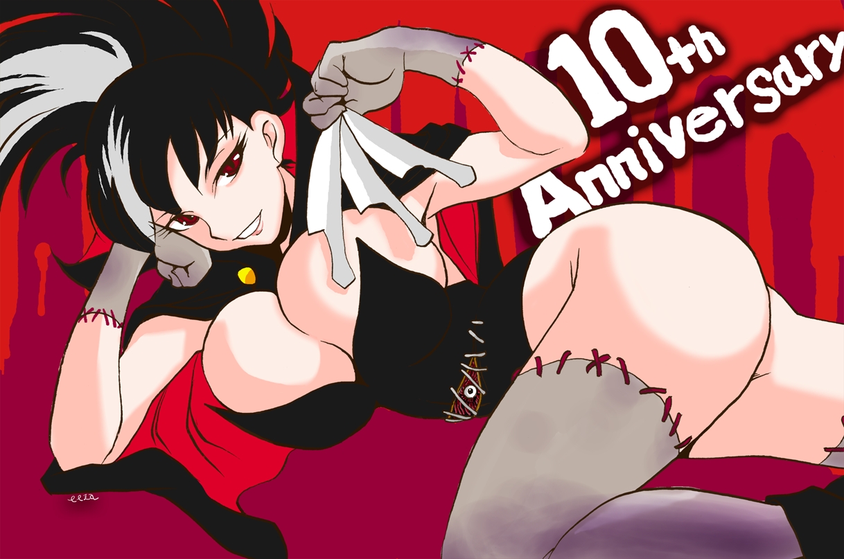 eeza, necro samantha, atlus, princess crown, 1girl, artist name, breasts, cleavage, english text, female focus, grin, huge breasts, lying, multicolored hair, red background, red eyes, smile, solo, stitches, thighhighs, two-tone hair