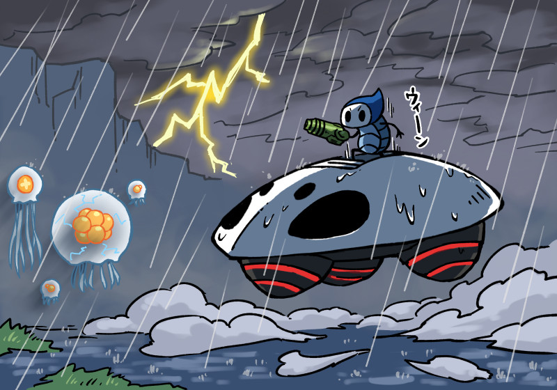 fuifui, ooma (hollow knight), quirrel, uoma (hollow knight), hollow knight, metroid, nintendo, super metroid, translation request, arm cannon, cloud, cloudy sky, floating, gun, holding, holding gun, holding weapon, jellyfish, lightning, outdoors, parody, rain, samus's gunship, sky, storm cloud, ufo, uumuu (hollow knight), weapon, wet