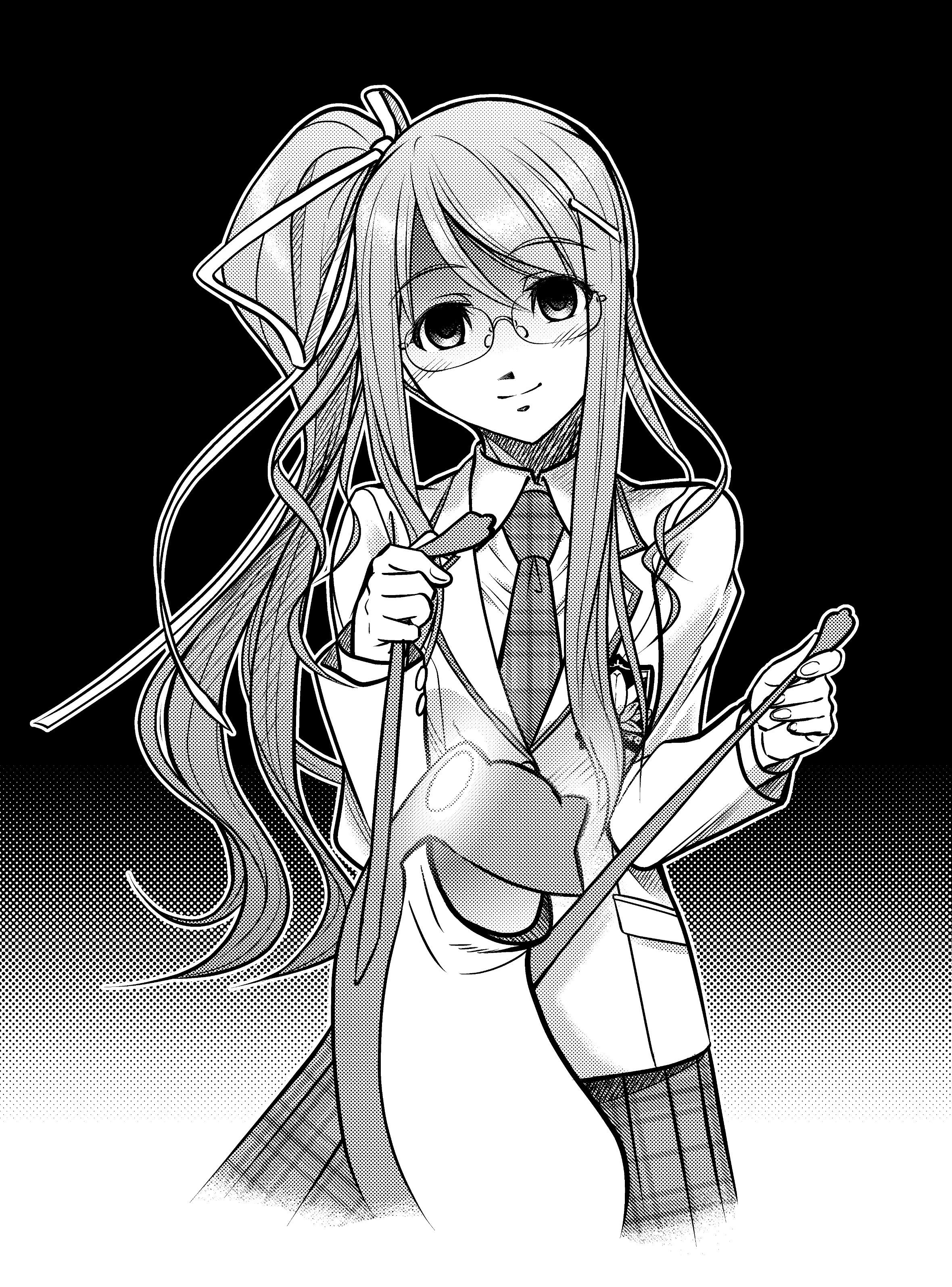 eibon, kusunoki yua, chaos;head, science adventure, absurdres, highres, 1girl, blazer, brown jacket, closed mouth, collared shirt, dress shirt, empty eyes, gero-froggy, glasses, greyscale, hair ornament, hairpin, head tilt, holding, holding stuffed toy, jacket, light blush, long hair, long skirt, long sleeves, looking at viewer, monochrome, necktie, one side up, plaid clothes, plaid necktie, plaid skirt, shirt, skirt, smile, solo, stuffed toy, white shirt, yandere