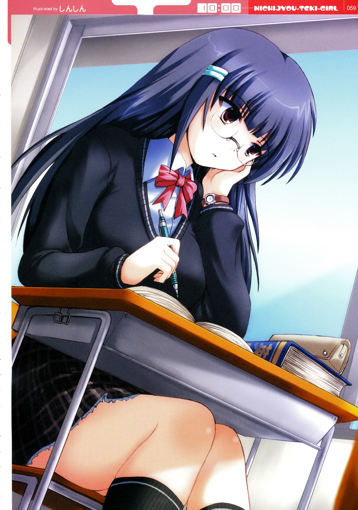 shinshin, highres, blue hair, book, classroom, desk, glasses, indoors, long hair, plaid clothes, plaid skirt, school, school desk, sitting, skirt, socks, solo