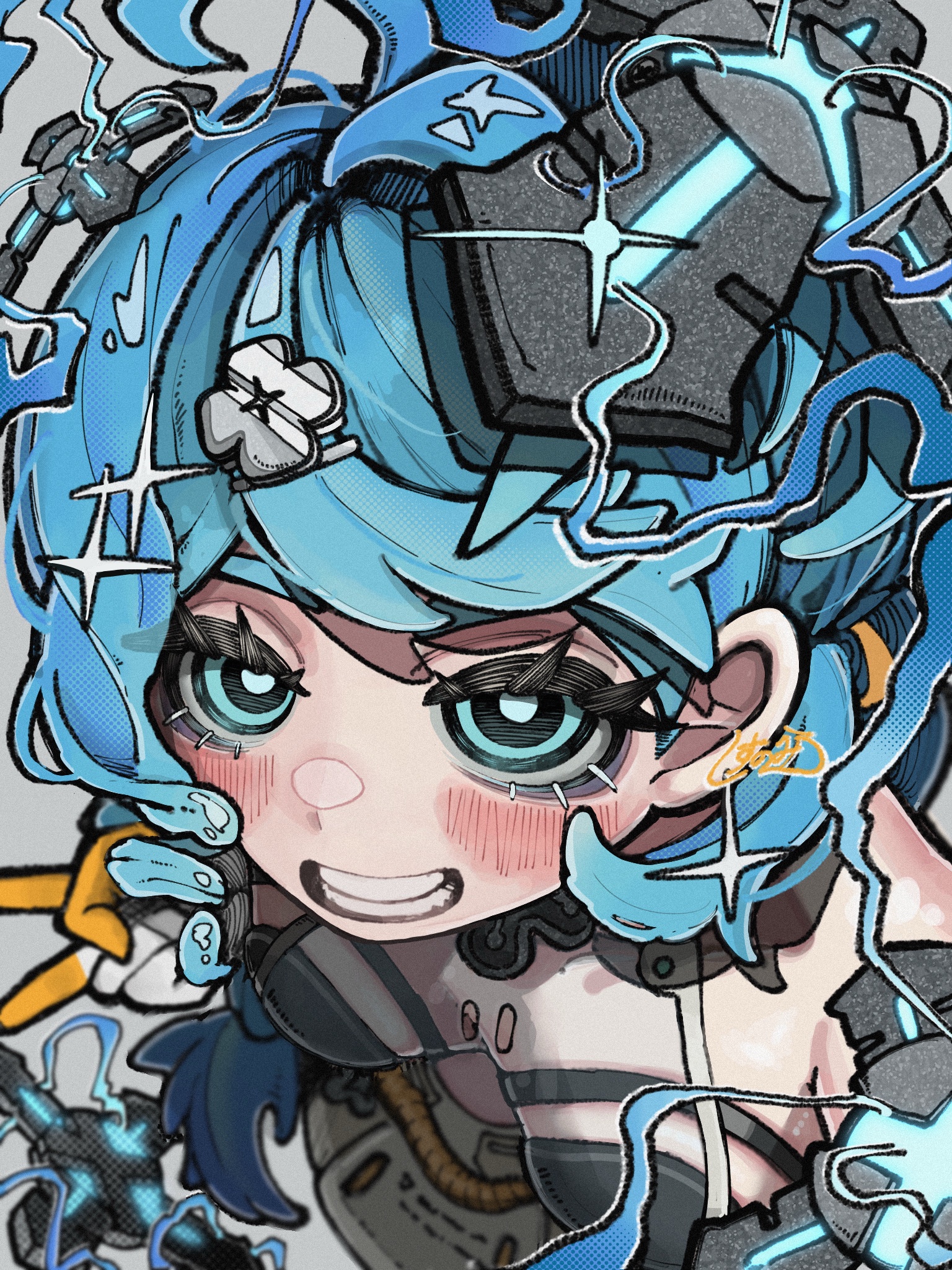 shisunomiunko, seed (zenless zone zero), zenless zone zero, highres, 1girl, blue eyes, blue hair, blush, electricity, formal clothes, hair ornament, hairpin, happy, see-through dress layer, seed, smile, solo, sparkle, suit, v, white background, white suit