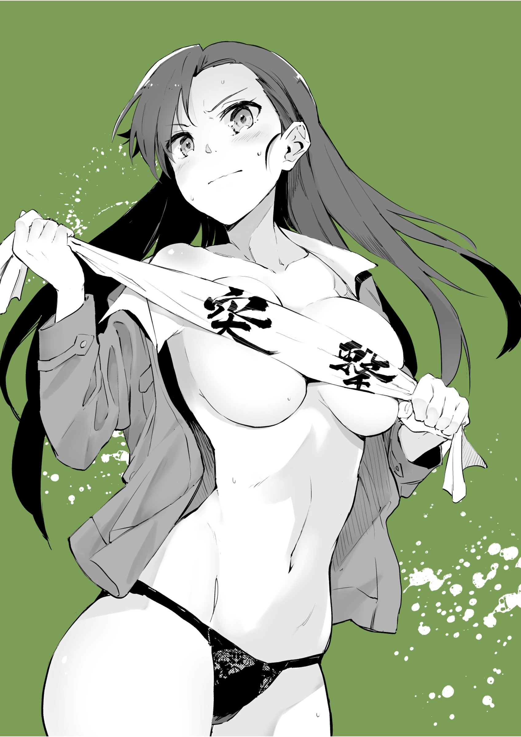 muteki soda, nishi kinuyo, girls und panzer, 1girl, asymmetrical bangs, blush, breast press, breasts, chi-hatan military uniform, collarbone, cowboy shot, deep skin, embarrassed, eyes visible through hair, green background, greyscale with colored background, jacket, large breasts, long hair, long sleeves, monochrome, navel, no bra, off shoulder, open clothes, open jacket, panties, solo, sweat, sweatdrop, underwear, wavy mouth