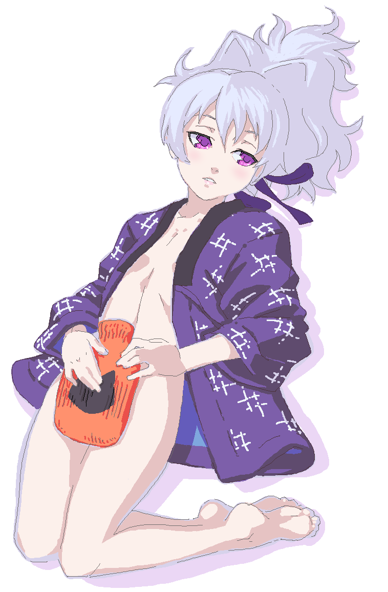 sakenotorii, yin (darker than black), darker than black, 00s, barefoot, feet, flat chest, japanese clothes, lying, oekaki, open clothes, solo
