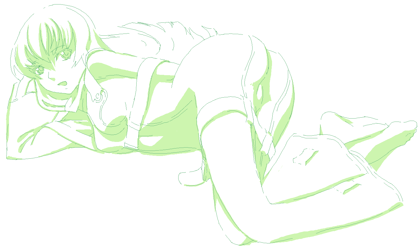 sakenotorii, c.c., code geass, 00s, barefoot, green theme, lying, monochrome, solo