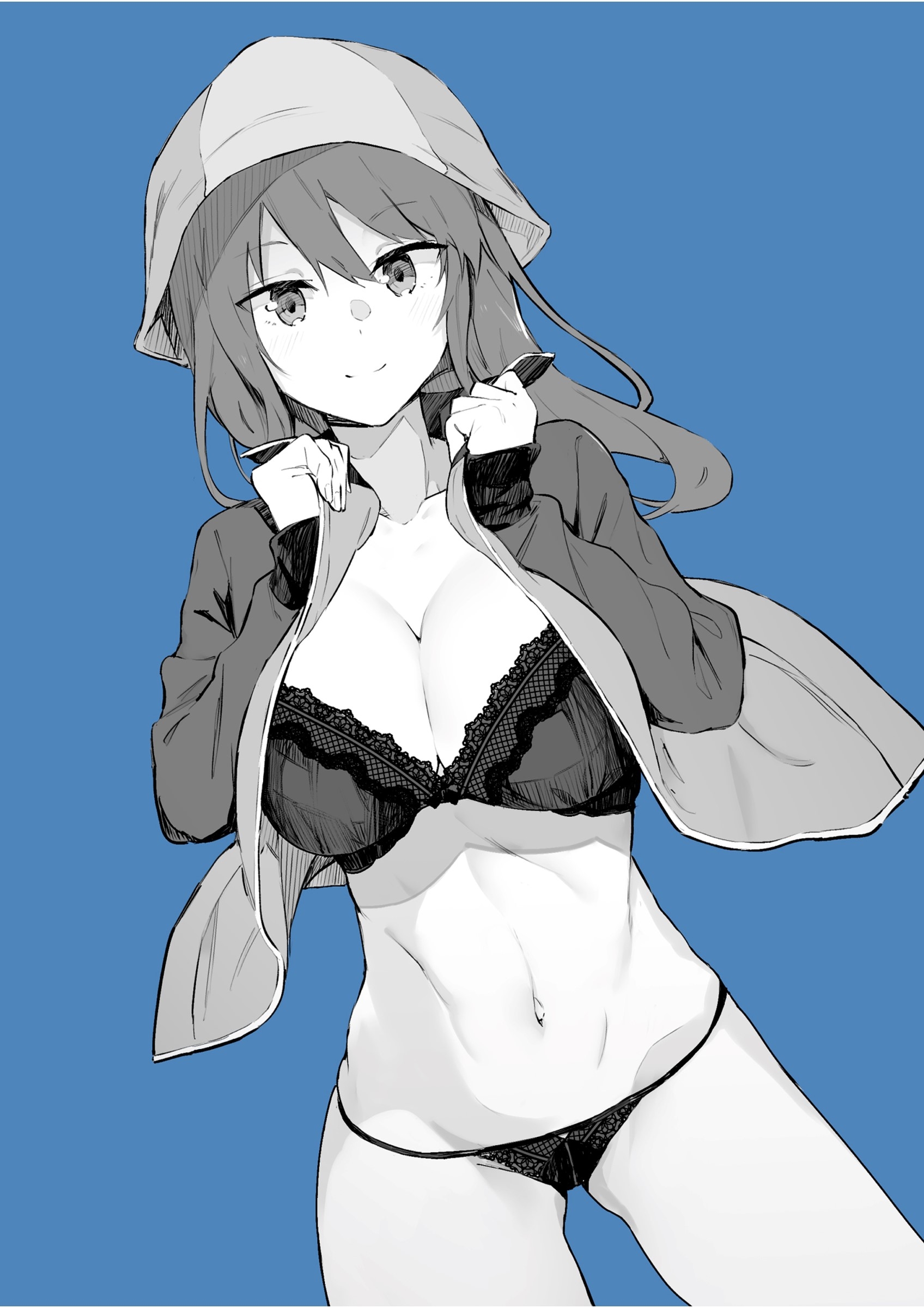 muteki soda, mika (girls und panzer), girls und panzer, 1girl, blue background, blush, bra, breasts, cleavage, closed mouth, collarbone, hat, jacket, keizoku military uniform, large breasts, lingerie, long hair, looking at viewer, military uniform, navel, panties, simple background, smile, solo, track jacket, tulip hat, underwear