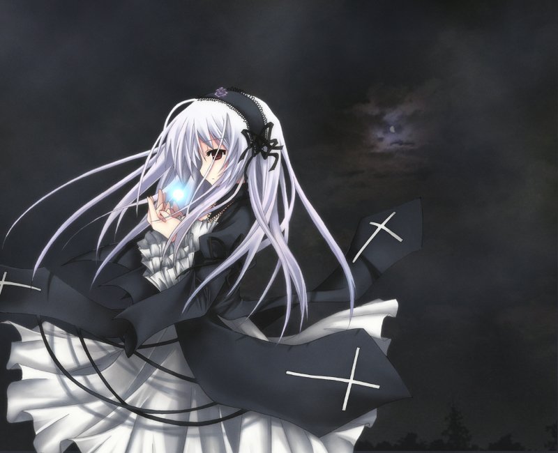 purinpurin, suigintou, rozen maiden, silver hair, bad id, bad pixiv id, 00s, 1girl, black dress, dress, expressionless, female focus, frills, from side, hairband, lolita hairband, long sleeves, profile, red eyes, solo, upper body