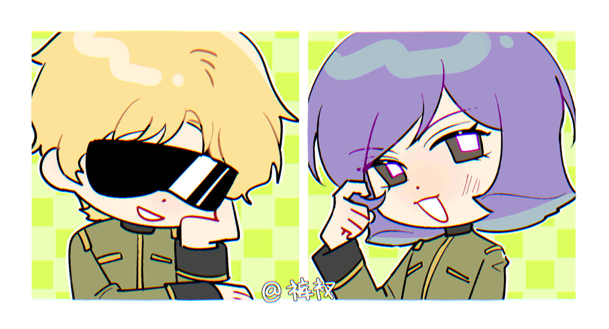 kucha (ynn6c), char aznable, garma zabi, gundam, mobile suit gundam the origin, commentary, highres, symbol-only commentary, 2boys, artist name, blonde hair, blush, border, brown eyes, chibi, chibi only, chromatic aberration, green background, green jacket, grin, hand on own cheek, hand on own face, hand up, high collar, jacket, looking at viewer, male focus, multiple boys, purple hair, short hair, smile, sunglasses, twirling hair, upper body, white border