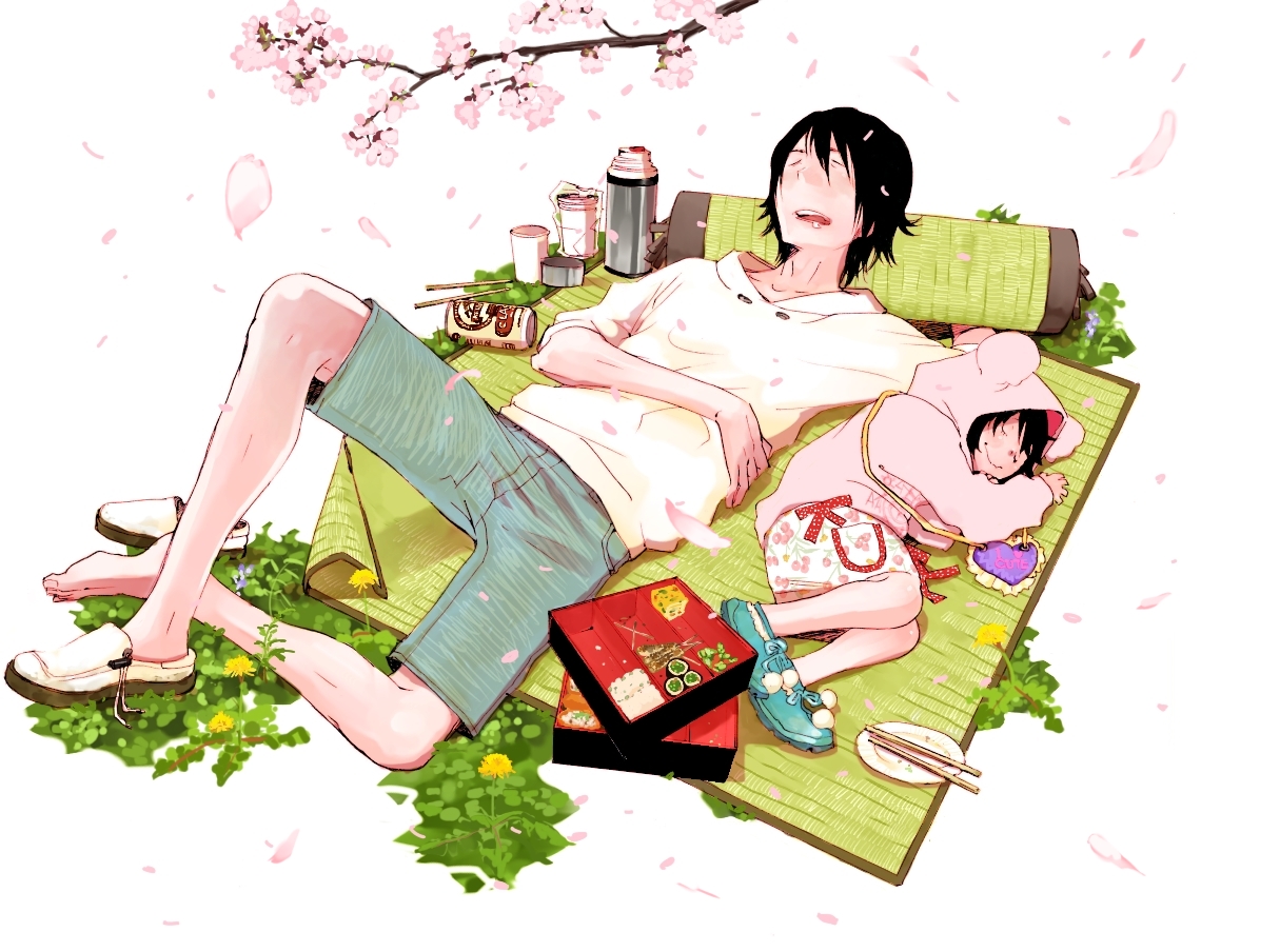 kazue kato, 1boy, 1girl, alcohol, animal ears, animal hood, bear ears, beer, bento, black hair, cherry blossoms, child, closed eyes, dandelion, drooling, fetal position, flower, hanami, hood, hoodie, open mouth, outdoors, picnic, single shoe, sleeping, tatami