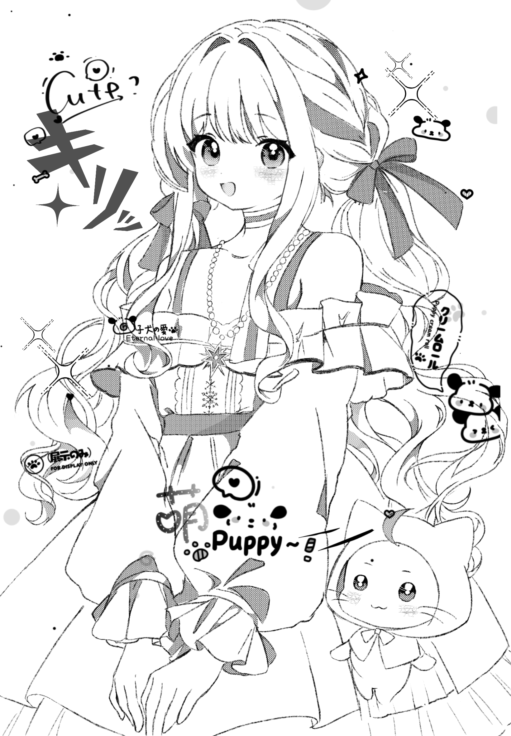momo (nikki), nikki (nikki), perfect start (infinity nikki), infinity nikki, nikki (series), highres, 1girl, :3, ahoge, animal, bare shoulders, bead necklace, beads, belt, bow, bowtie, bra strap, buttons, cat, center frills, cloak, closed mouth, clothed animal, collarbone, cowboy shot, ear covers, frilled shirt, frilled skirt, frilled sleeves, frills, greyscale, hair bow, hair intakes, hair ribbon, hands on lap, happy, high-waist skirt, hood, hood up, hooded cloak, jewelry, light blush, long hair, long sleeves, looking at viewer, low twintails, medium skirt, monochrome, necklace, off-shoulder shirt, off shoulder, open mouth, pleated skirt, puffy long sleeves, puffy sleeves, ribbon, sample watermark, shirt, sidelocks, simple background, single stripe, skirt, smile, snowflakes, sparkle, standing, star (symbol), star necklace, striped choker, tareme, tress ribbon, twintails, very long hair, watermark, wavy hair, whiskers, white background, wozhaohengzi