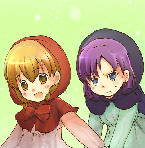 mathnote, chacha, chacha (akazukin chacha), yakko, yakko (akazukin chacha), akazukin chacha, 1990s (style), 2girls, blush, hood, multiple girls, purple hair