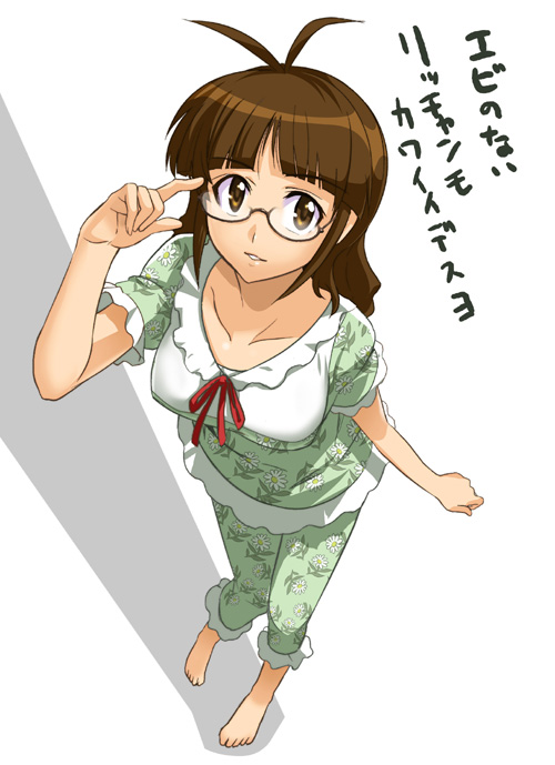inue shinsuke, akizuki ritsuko, idolmaster, idolmaster (classic), idolmaster 1, 00s, adjusting eyewear, antenna hair, barefoot, blunt bangs, from above, glasses, pajamas, solo