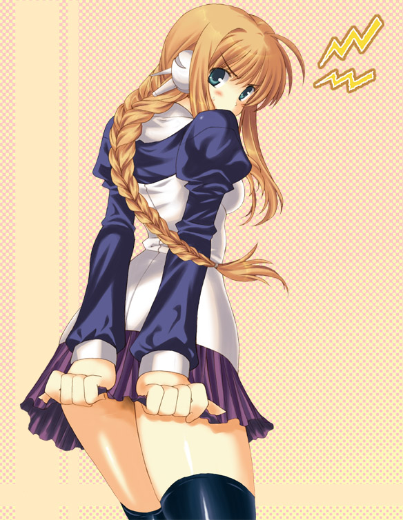 oyama (artist), oyama (fortune pandora), silfa (to heart), to heart (series), to heart 2, to heart 2 ad, 00s, 1girl, blonde hair, blush, braid, braided ponytail, brown hair, covering ass, covering privates, female focus, green eyes, long hair, maid, robot ears, single braid, skirt, solo, thighhighs