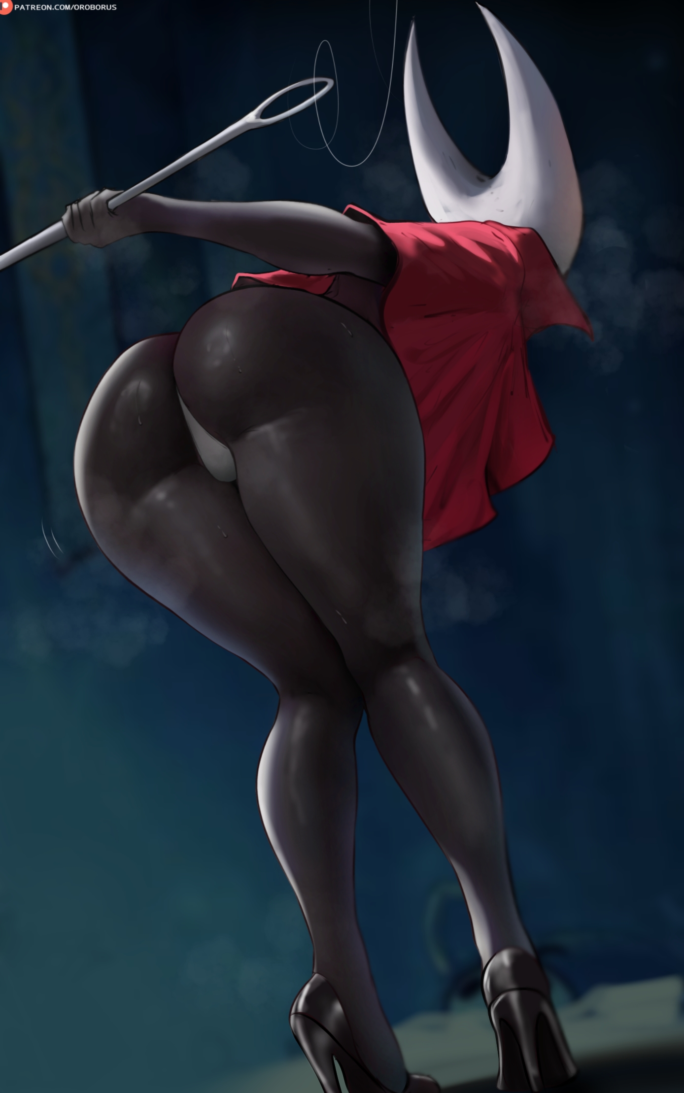 oroborus, hornet (hollow knight), hollow knight, ass, ass focus, high heels, holding, holding weapon, horns, huge ass, mask, polearm, spear, sweat, sweatdrop, sword, weapon, wet, white mask