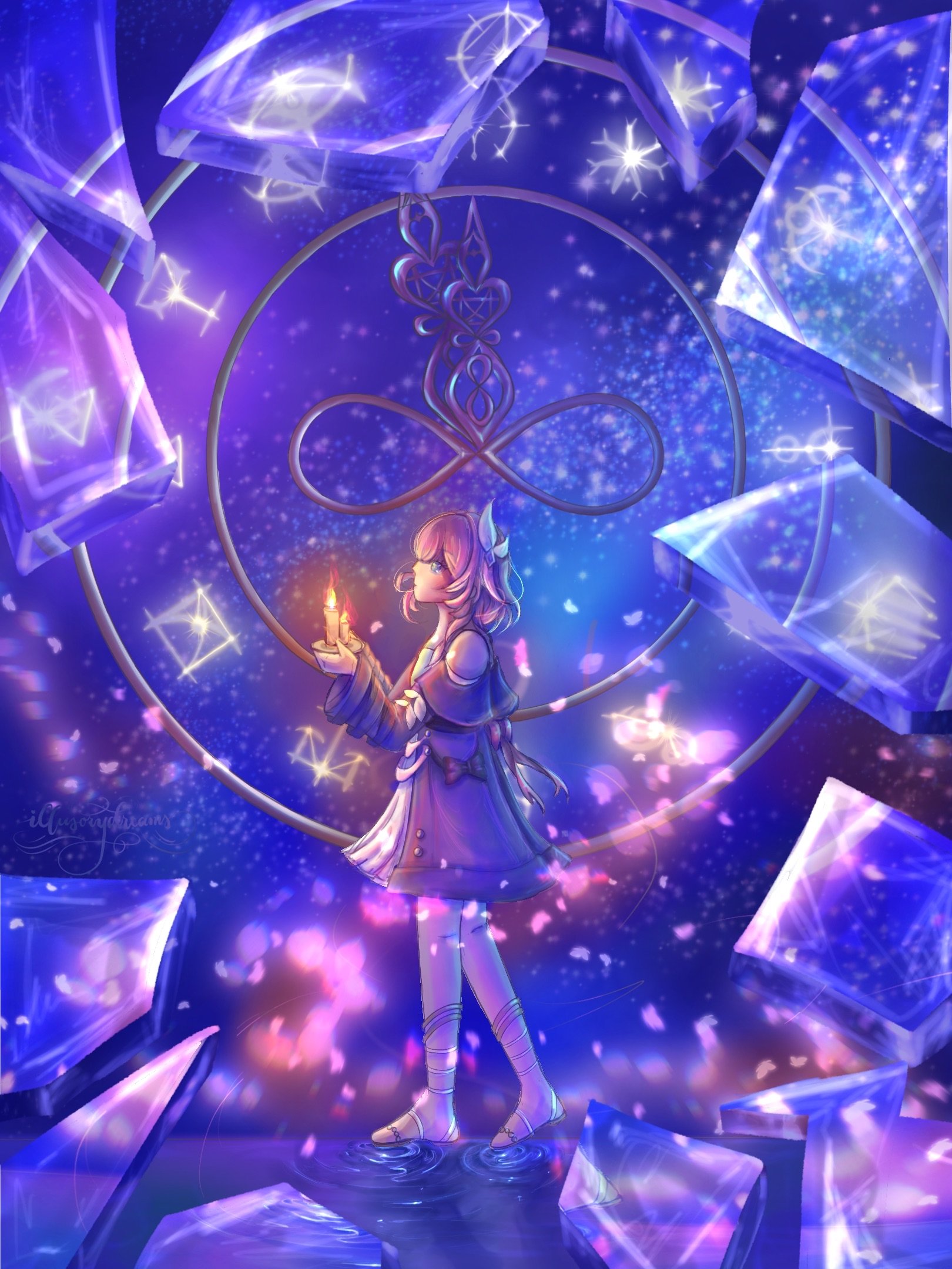 cyrene (honkai: star rail), honkai: star rail, honkai (series), commentary, english commentary, highres, 1girl, blue eyes, broken glass, candle, coat, coreflame (honkai: star rail), dress, full body, glass, hair ornament, holding, holding candle, illusorydreams, infinity symbol, pink hair, purple coat, sandals, sky, solo, star (sky), starry sky, white dress