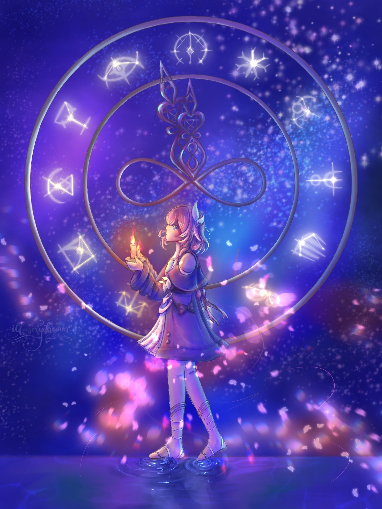 cyrene (honkai: star rail), honkai: star rail, honkai (series), commentary, english commentary, highres, 1girl, blue eyes, candle, coat, coreflame (honkai: star rail), dress, full body, hair ornament, holding, holding candle, illusorydreams, infinity symbol, pink hair, purple coat, sandals, sky, solo, star (sky), starry sky, white dress