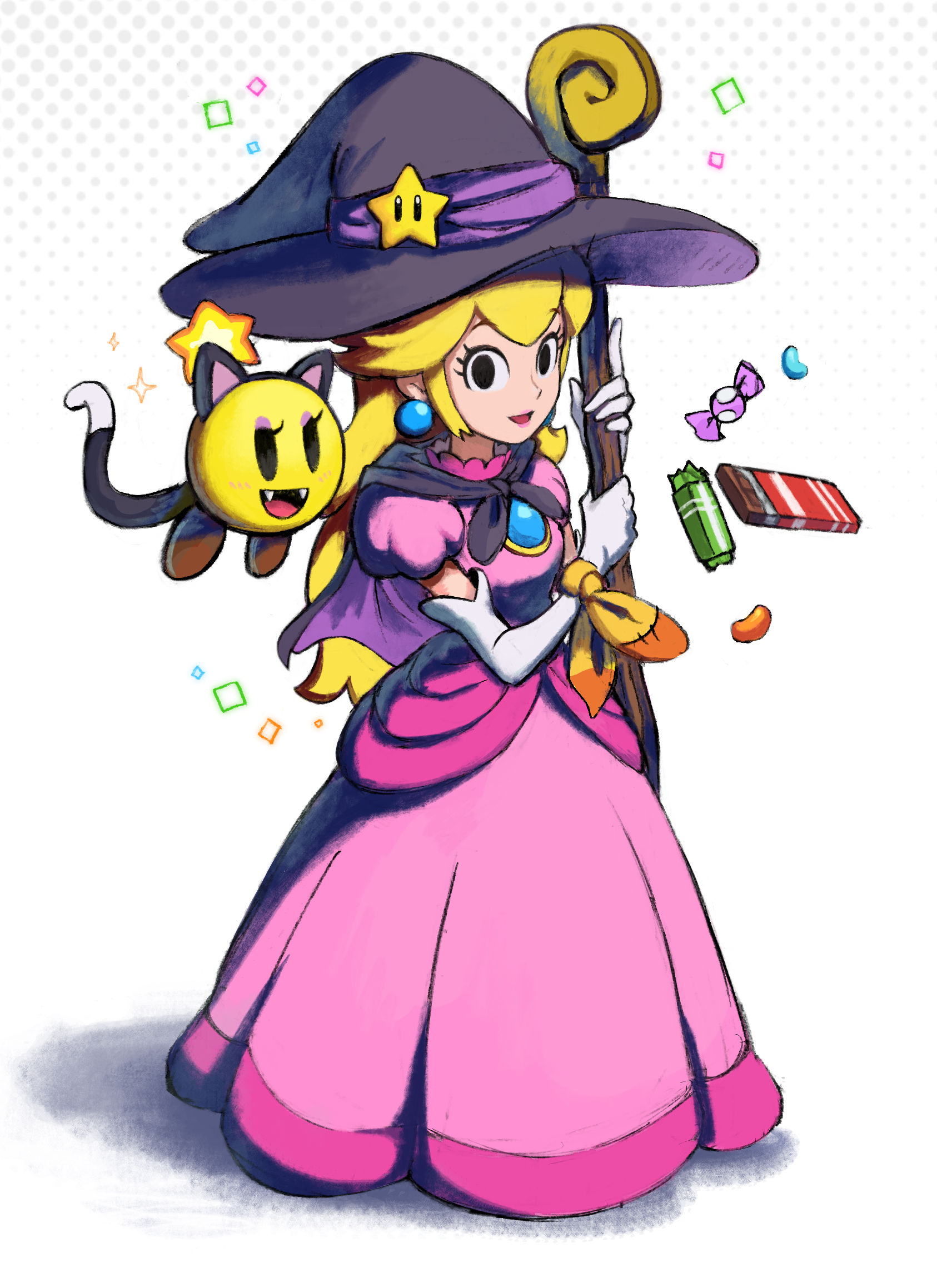 yamari (ya mari 6363), princess peach, princess peach (halloween), starlow, mario & luigi rpg, mario (series), nintendo, highres, 1girl, black eyes, blonde hair, candy, dress, earrings, food, halloween, halloween costume, hat, jewelry, long dress, long hair, masanori sato (style), pink dress, shadow, solid oval eyes, sphere earrings, very long hair, white background, witch hat