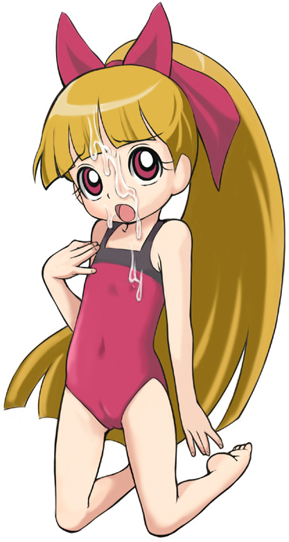 e10, akazutsumi momoko, hyper blossom, powerpuff girls, powerpuff girls z, eyebrows, 00s, 1girl, bare shoulders, barefoot, blonde hair, bow, bukkake, cameltoe, covered erect nipples, covered navel, cum, cum on body, cum on clothes, cum on hair, eyelashes, facial, female focus, fingernails, full body, hair bow, kneeling, legs apart, loli, long hair, looking at viewer, one-piece swimsuit, open mouth, ponytail, red eyes, simple background, soles, solo, swimsuit, toes, very long hair, white background