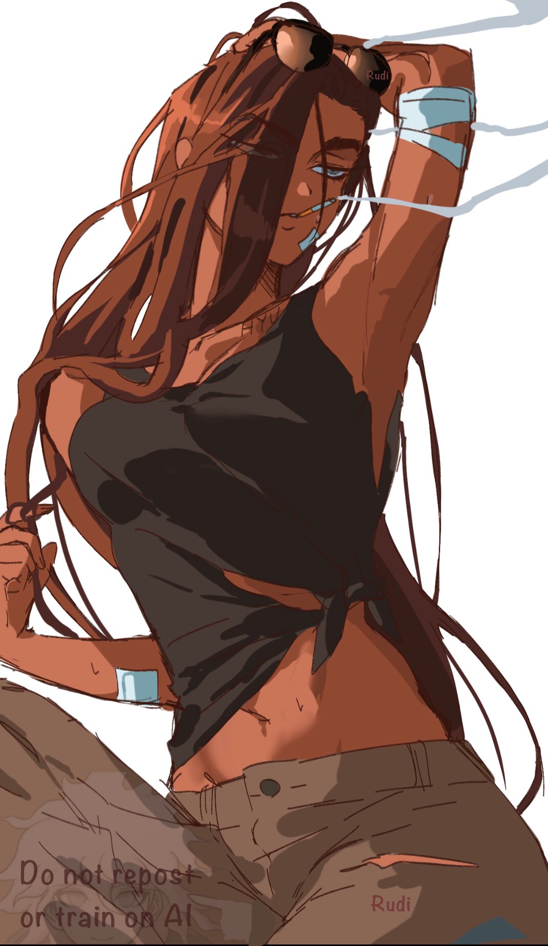 rudi (ruwudi11037), hyuna (alien stage), komaeda nagito, alien stage, danganronpa (series), commentary, english commentary, highres, 1girl, arm behind head, armpits, artist name, black tank top, breasts, brown hair, brown pants, chest tattoo, cigarette, dark-skinned female, dark skin, eyewear on head, grey eyes, hair over one eye, midriff, mouth hold, navel, pants, smoke, solo, sunglasses, tank top, tattoo