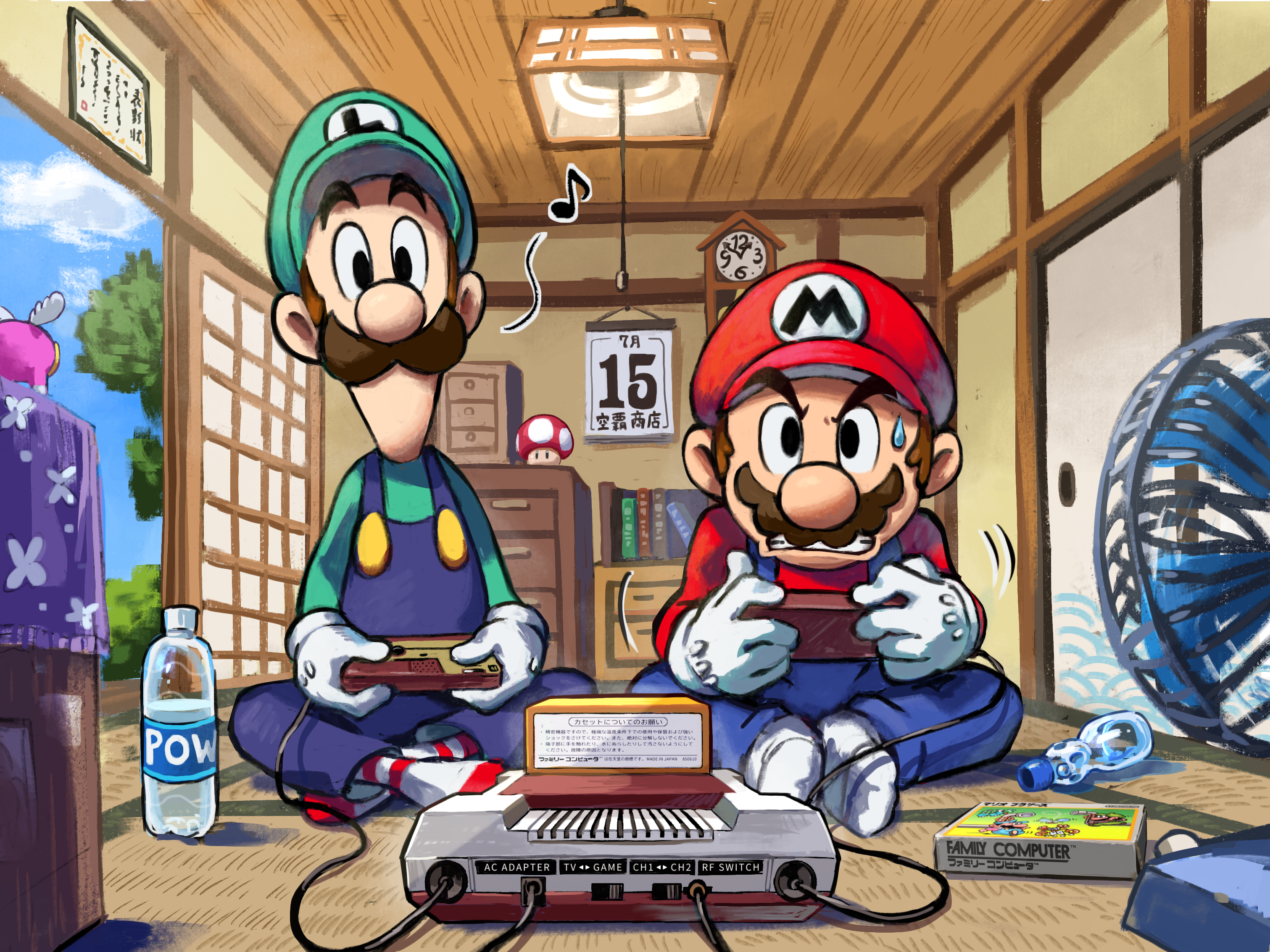 yamari (ya mari 6363), luigi, mario, snoutlet (mario), mario & luigi: brothership, mario & luigi rpg, mario (series), mario bros., nintendo, highres, translation request, 2boys, analog clock, black eyes, blue overalls, book, bottle, brothers, brown hair, cabinet, cable, cackletta soul, calendar (object), clenched teeth, clock, controller, drawer, electric fan, facial hair, famicom, famicom cartridge, famicom gamepad, fusuma, game cartridge, game console, game controller, gloves, green shirt, grimace, hat, holding, holding controller, holding game controller, indoors, male focus, masanori sato (style), multiple boys, musical note, mustache, on floor, overalls, playing games, ramune, red shirt, red socks, shirt, short hair, shouji, siblings, sitting, sliding doors, socks, spoken musical note, striped clothes, striped socks, super mushroom, sweatdrop, tatami, teeth, two-tone socks, v-shaped eyebrows, wall clock, water bottle, white gloves, white socks