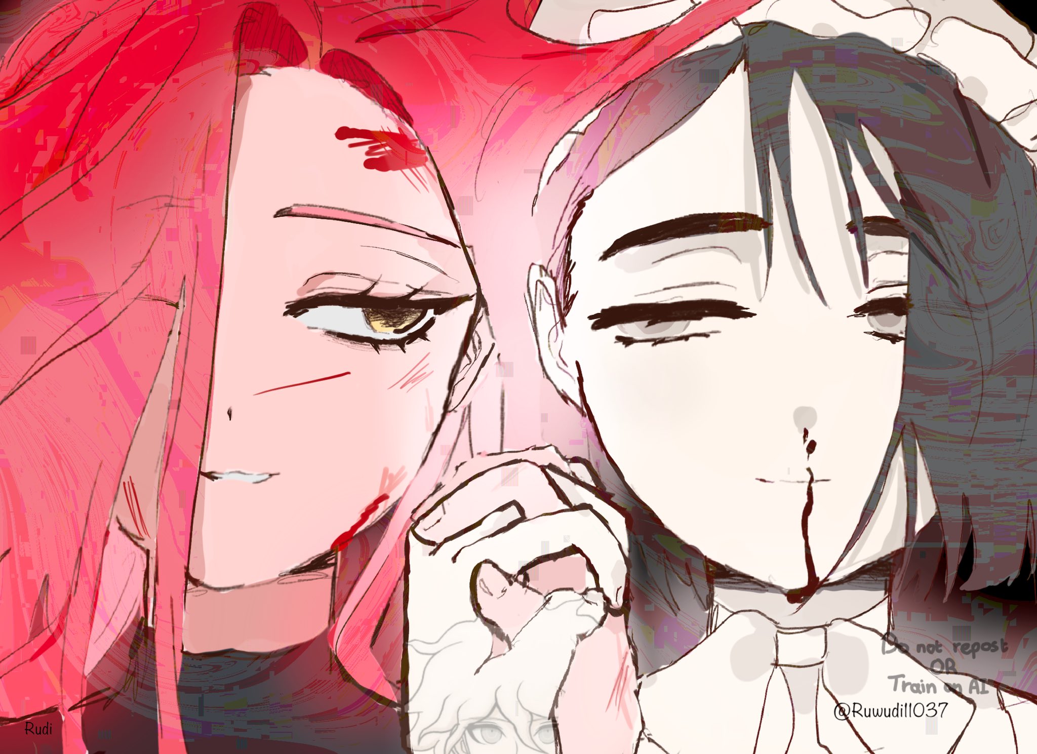 rudi (ruwudi11037), komaeda nagito, mizi (alien stage), sua (alien stage), alien stage, danganronpa (series), commentary, english commentary, highres, 2girls, artist name, black hair, blood, grey eyes, holding hands, long hair, looking at another, looking to the side, multiple girls, nosebleed, pink hair, short hair, smile, twitter username, yellow eyes