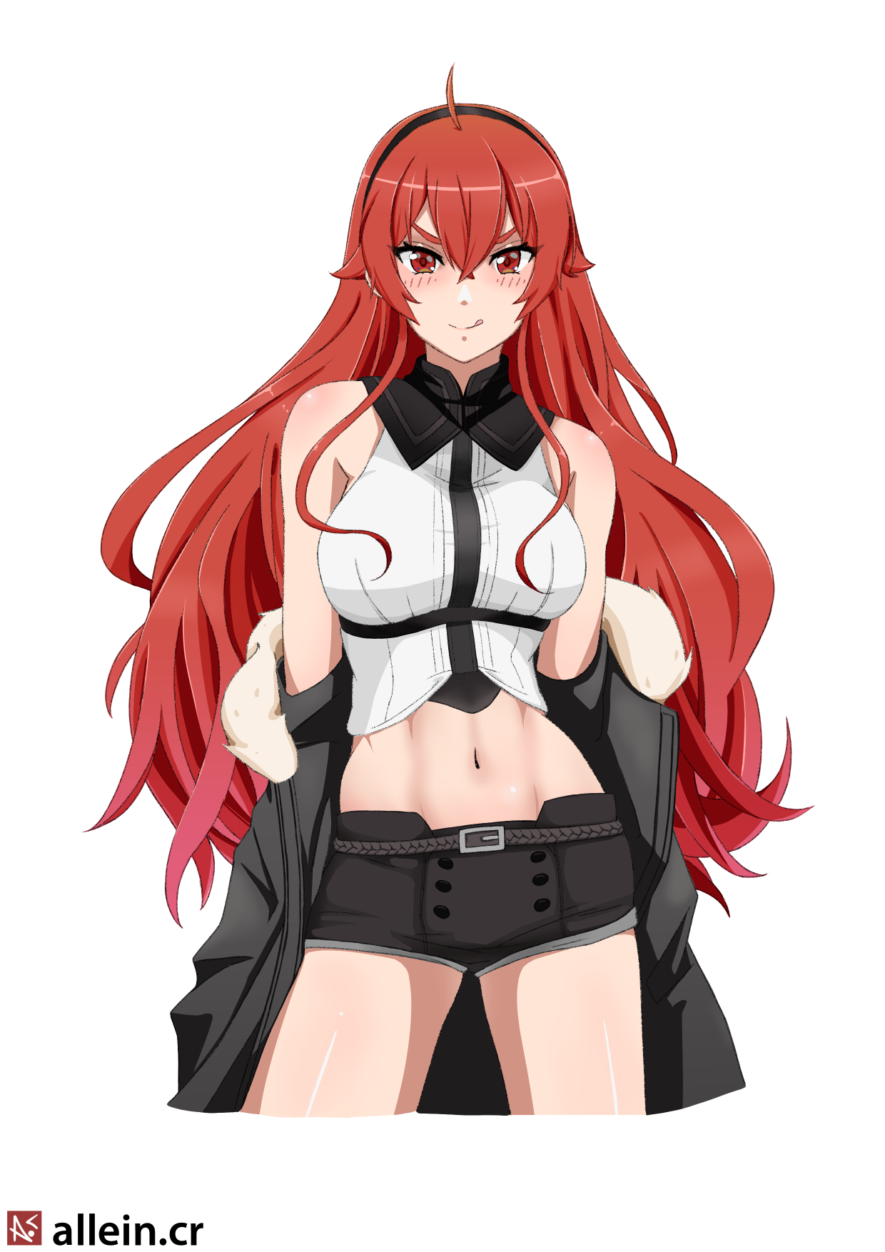 alleincr, eris greyrat, mushoku tensei, commentary, english commentary, highres, 1girl, :q, ahoge, artist name, bare shoulders, belt, black belt, black jacket, black shorts, blush, breasts, closed mouth, cropped legs, cropped shirt, double-parted bangs, fur-trimmed collar, fur trim, jacket, long hair, medium breasts, navel, off shoulder, red eyes, red hair, shirt, short shorts, shorts, simple background, sleeveless, sleeveless shirt, smile, solo, standing, stomach, tongue, tongue out, wavy hair, white background, white shirt