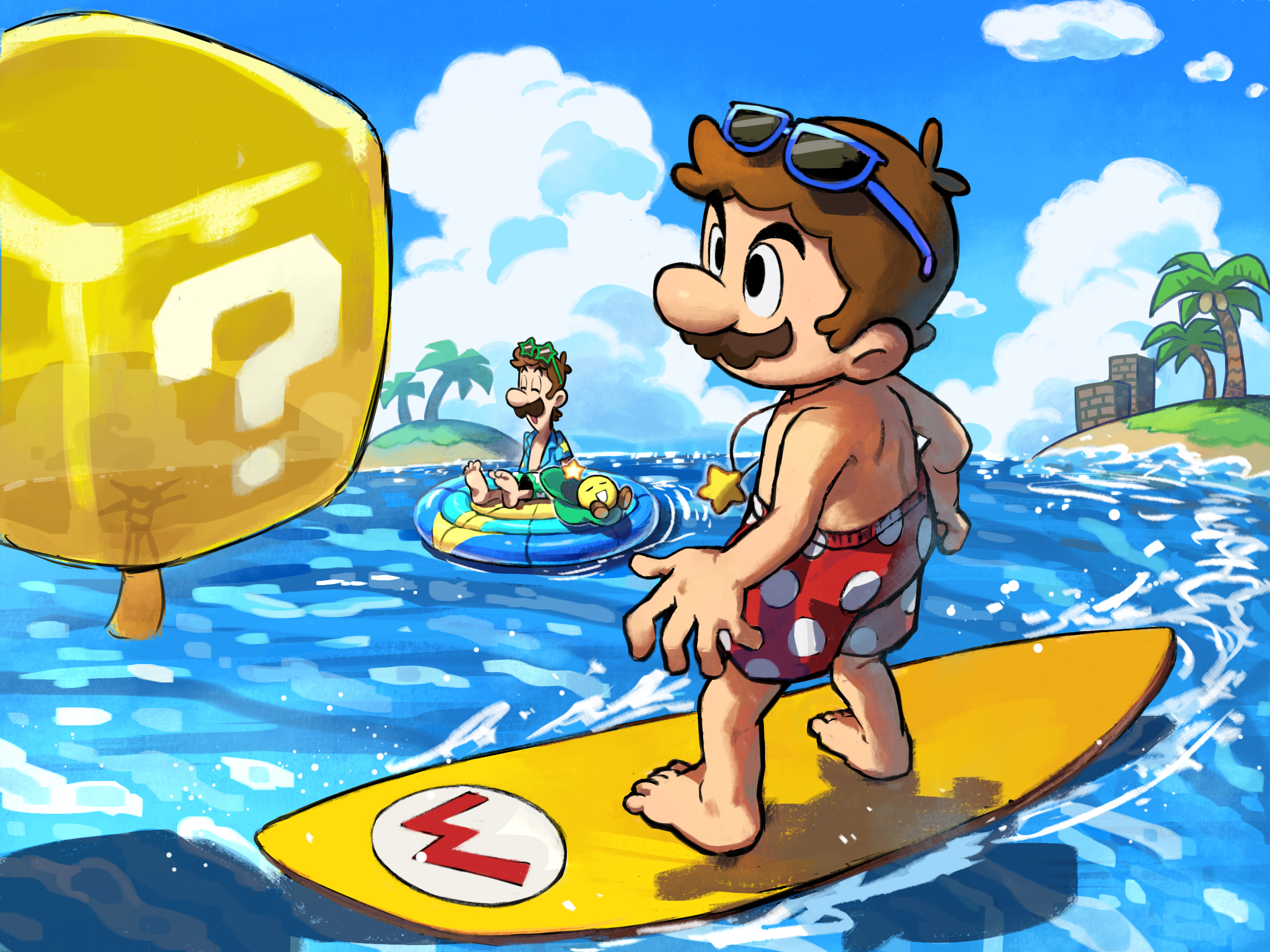 yamari (ya mari 6363), luigi, mario, starlow, mario & luigi rpg, mario (series), nintendo, highres, 2boys, ? block, alternate costume, blue-framed eyewear, blue shirt, brothers, brown hair, closed eyes, cloud, cumulonimbus cloud, day, eyewear on head, facial hair, green-framed eyewear, green shorts, innertube, jewelry, male focus, mario (boxer shorts), masanori sato (style), multiple boys, mustache, necklace, open clothes, open mouth, open shirt, outdoors, palm tree, polka dot, polka dot shorts, red shorts, shirt, short hair, shorts, siblings, sitting, solo focus, standing, star-shaped eyewear, star (symbol), star necklace, sunglasses, surfboard, swim ring, topless male, tree, water