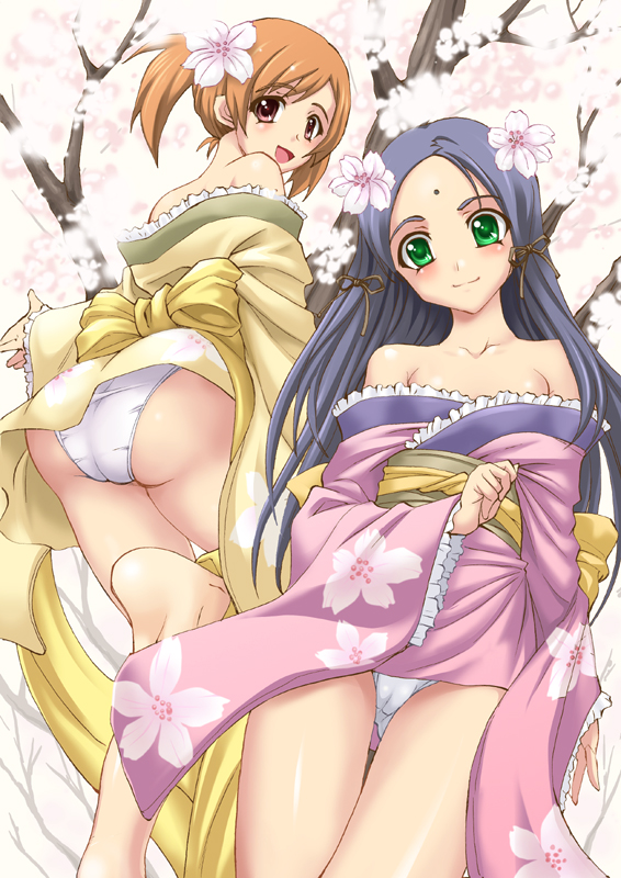 shiruko (inosin), original, 2girls, bare shoulders, blue hair, brown hair, cherry blossoms, green eyes, japanese clothes, kimono, multiple girls, panties, red eyes, short kimono, underwear