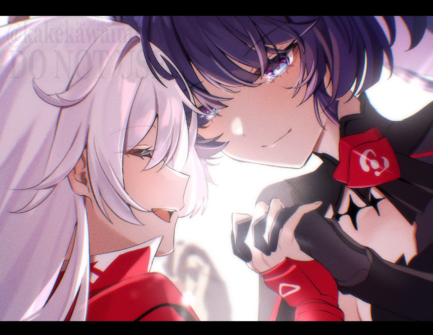 kakekawaimi, kiana kaslana, kiana kaslana (void drifter), raiden mei, raiden mei (danzai spectramancer), raiden mei (orochi cuirass), honkai (series), honkai impact 3rd, commentary, hashtag-only commentary, 2girls, black gloves, closed eyes, closed mouth, gloves, holding hands, interlocked fingers, multiple girls, open mouth, purple hair, smile, watermark, white hair, yuri