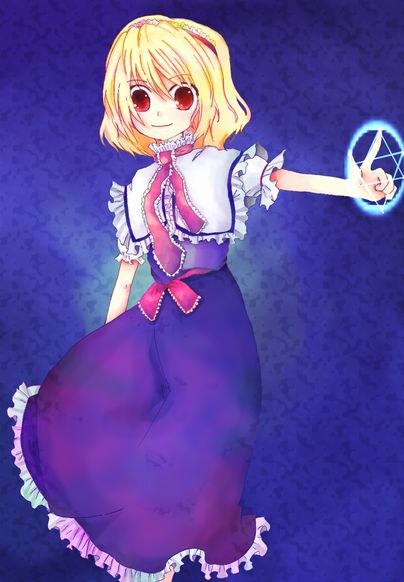 kazu (artist), kazu (muchuukai), alice margatroid, touhou, 1girl, arm behind back, blonde hair, blue background, blue dress, capelet, cowboy shot, dress, evil smile, female focus, frills, hairband, looking at viewer, magic circle, necktie, puffy short sleeves, puffy sleeves, red eyes, red necktie, short hair, short sleeves, simple background, smile, solo, standing, star (symbol), tareme