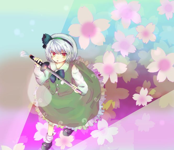 kazu (artist), kazu (muchuukai), konpaku youmu, konpaku youmu (ghost), touhou, 1girl, female focus, hitodama, holding sword, katana, solo, sword, weapon