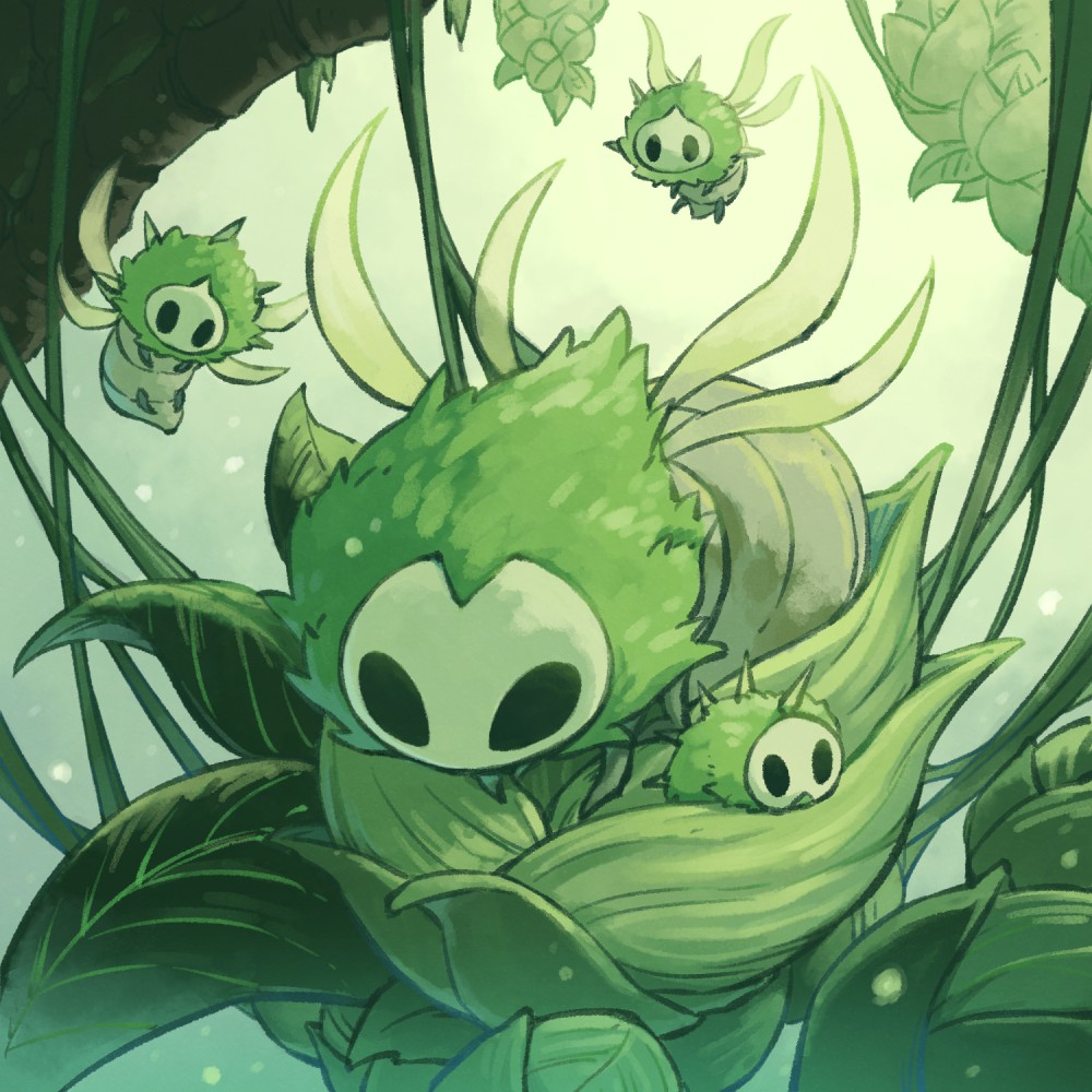 fuifui, hollow knight, hollow knight: silksong, character request, bug, flying, green fur, hollow eyes, leaf, moss mother (hollow knight), outdoors, wings