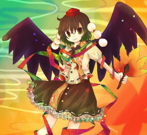 kazu (artist), kazu (muchuukai), shameimaru aya, touhou, 1girl, black hair, black skirt, black wings, calligraphy brush, female focus, hand fan, hat, looking at viewer, paintbrush, pom pom (clothes), puffy short sleeves, puffy sleeves, shirt, short hair, short sleeves, skirt, smile, solo, tokin hat, white shirt, wings