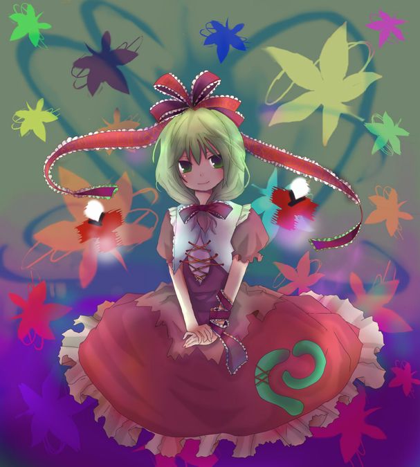 kazu (artist), kazu (muchuukai), kagiyama hina, touhou, 1girl, blush, collared shirt, dress, eyebrows hidden by hair, female focus, front ponytail, green eyes, green hair, hair ribbon, long hair, matching hair/eyes, ribbon, shirt, smile, solo, v arms