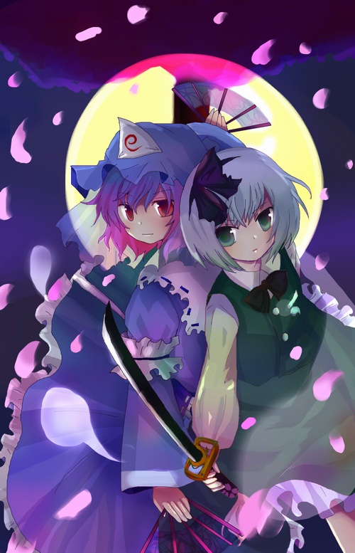 kazu (artist), kazu (muchuukai), konpaku youmu, konpaku youmu (ghost), saigyouji yuyuko, touhou, blue headwear, 2girls, female focus, floating clothes, full moon, hand fan, hat, hitodama, holding, holding fan, holding sword, holding weapon, katana, moon, multiple girls, outdoors, sword, weapon