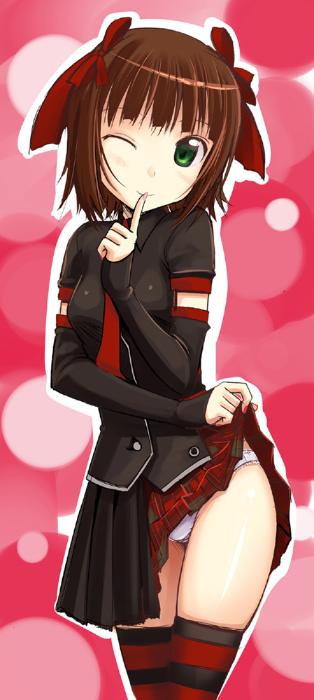 takayaki, amami haruka, dark haruka, idolmaster, idolmaster (classic), 00s, 1girl, blunt bangs, blush, brown hair, clothes lift, cowboy shot, crotch, female focus, green eyes, hair ornament, hair ribbon, looking at viewer, nail polish, naughty face, one eye closed, panties, plaid clothes, plaid skirt, pleated skirt, punkish gothic, red nails, ribbon, short hair, skindentation, skirt, skirt lift, smile, solo, standing, striped clothes, striped thighhighs, thighhighs, thighs, underwear, white panties, wink