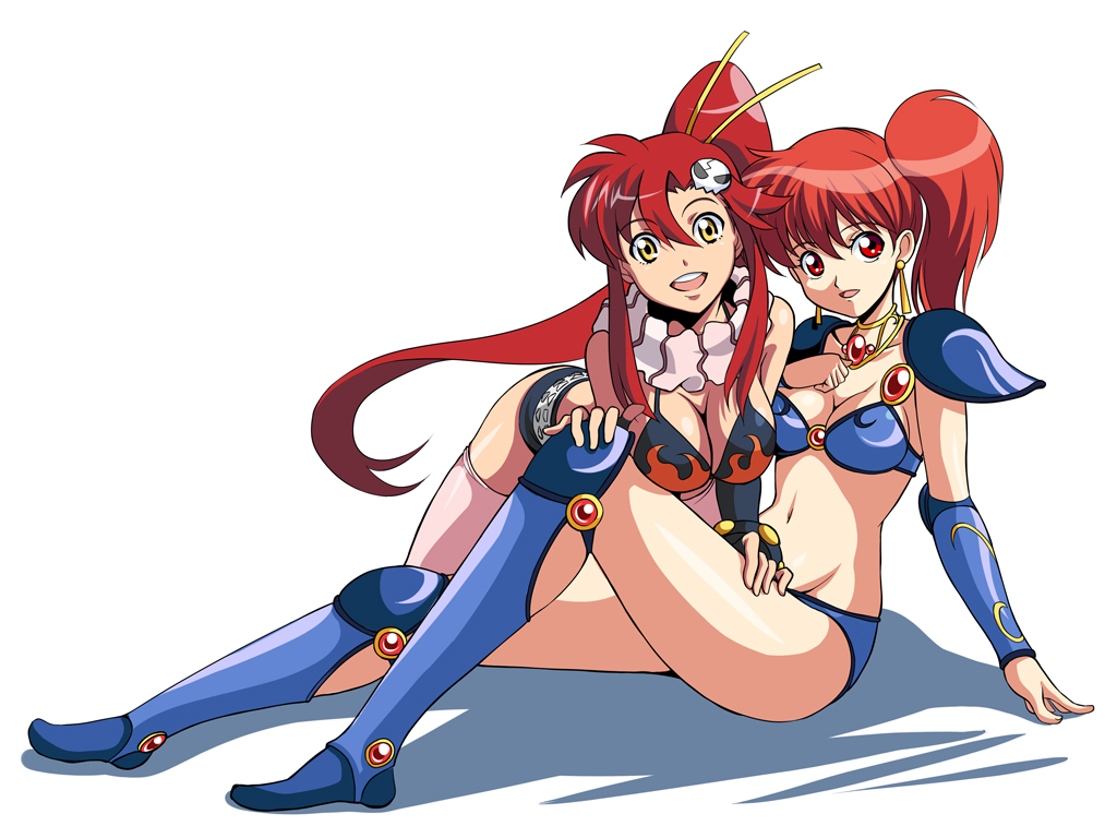 tonbo, asagiri youko, yoko littner, genmu senki leda, tengen toppa gurren lagann, blue footwear, pink legwear, 1980s (style), 00s, 2girls, :d, all fours, arm support, armor, bare shoulders, belt, bikini, bikini armor, bikini top only, black bikini, blue armor, blue greaves, boots, bracelet, bracer, breasts, brooch, cleavage, clenched hand, crossover, earrings, facing viewer, female focus, fingerless gloves, full body, gem, gloves, greaves, hair between eyes, hair ornament, hand on own chest, happy, head tilt, high ponytail, jewelry, knee boots, knee up, large breasts, leg grab, long hair, look-alike, looking at viewer, medium breasts, midriff, multiple girls, name connection, navel, neck, neck ring, necklace, oldschool, on floor, open mouth, pauldrons, ponytail, red eyes, red gemstone, red hair, retro artstyle, revealing clothes, round teeth, scarf, shadow, short shorts, shorts, shoulder armor, shoulder pads, side ponytail, simple background, sitting, skull hair ornament, smile, studded belt, studded bracelet, swimsuit, teeth, thighhighs, trait connection, very long hair, white background, white belt, yellow eyes, yohko
