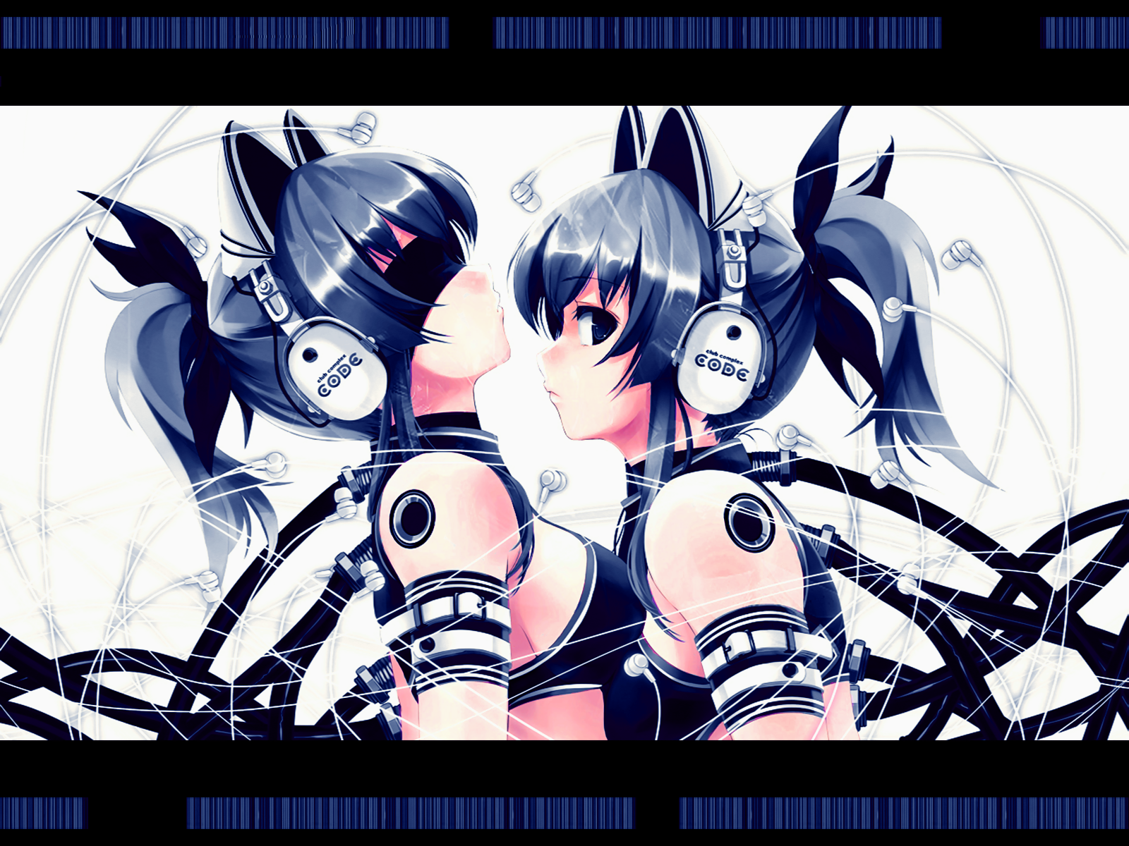 cradle (circle), misaki kurehito, exit trance, exit tunes, copyright request, highres, 2girls, animal ear headphones, animal ears, blindfold, blue eyes, blue hair, cat ear headphones, cat ears, earbuds, earphones, fake animal ears, headphones, multiple girls, ponytail, sensory deprivation