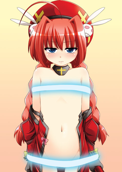hijiri tsukasa, vita (nanoha), lyrical nanoha, mahou shoujo lyrical nanoha, mahou shoujo lyrical nanoha a's, bad id, bad pixiv id, 00s, 1girl, ahoge, blue eyes, blush, braid, censored, choker, convenient censoring, female focus, flat chest, hat, kiyoshi tsukasa, loli, long hair, navel, no bra, no panties, red hair, restrained, restraints, solo, standing, twin braids, undressing