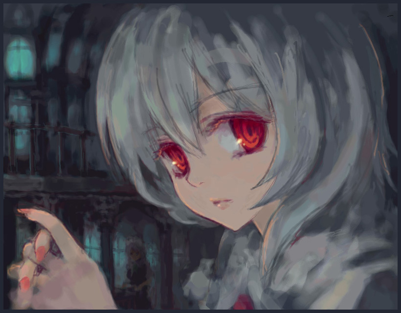hino hikaru, izayoi sakuya, remilia scarlet, touhou, silver hair, bad id, bad pixiv id, 2girls, blue hair, braid, dress, female focus, looking at viewer, maid headdress, multiple girls, nail (hardware), red eyes, smile, solo focus, window