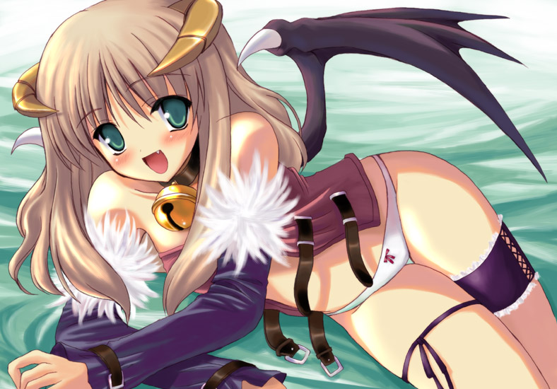 kyogoku shin, succubus (ragnarok online), ragnarok online, 1girl, blonde hair, blush, demon, demon girl, fang, female focus, frilled thigh strap, green eyes, horns, laughing, leg ribbon, open mouth, panties, ribbon, solo, thigh ribbon, thigh strap, underwear, wings